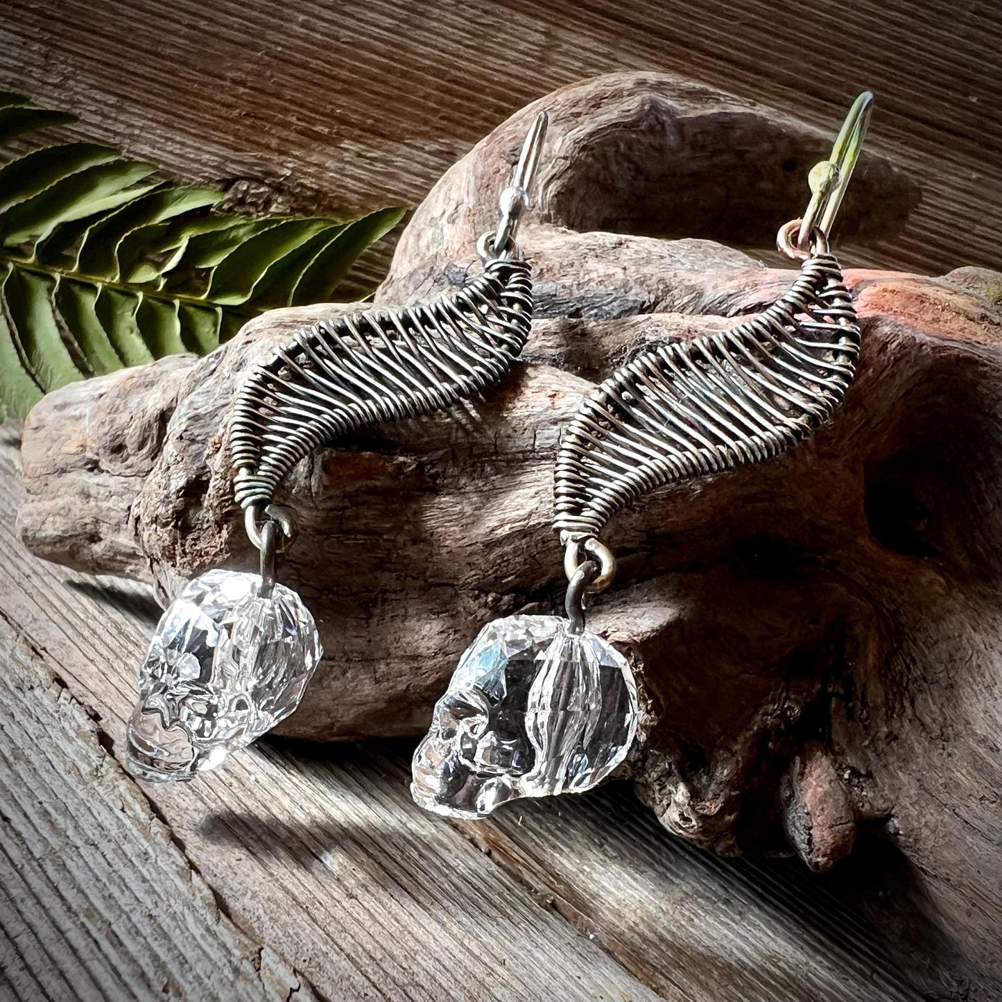 Swarovski Crystal Skull Sterling Silver Wire Wrapped Earrings 925