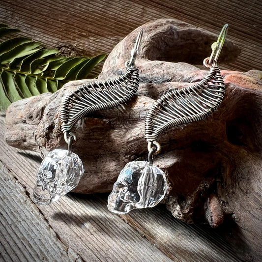 Swarovski Crystal Skull Sterling Silver Wire Wrapped Earrings 925