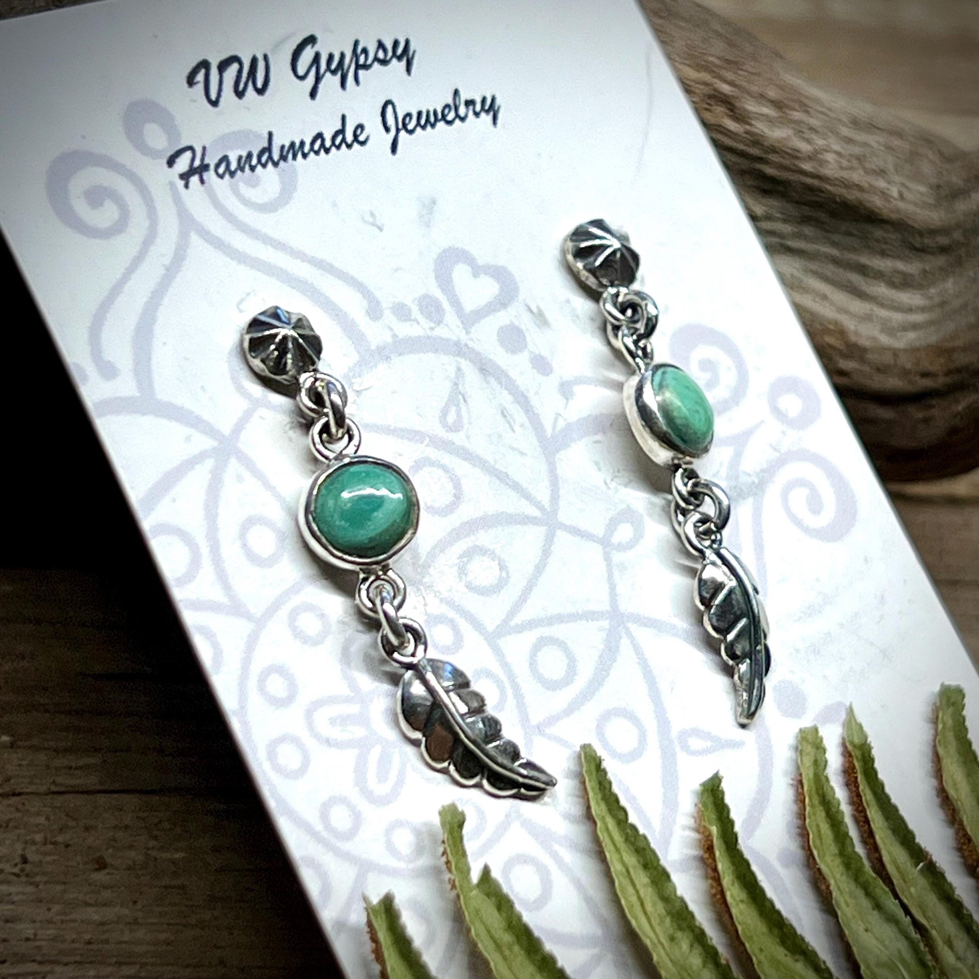 Turquoise Feather Earrings Handmade Sterling Silver 925 Dangle Boho Southwest Earrings Jewelry