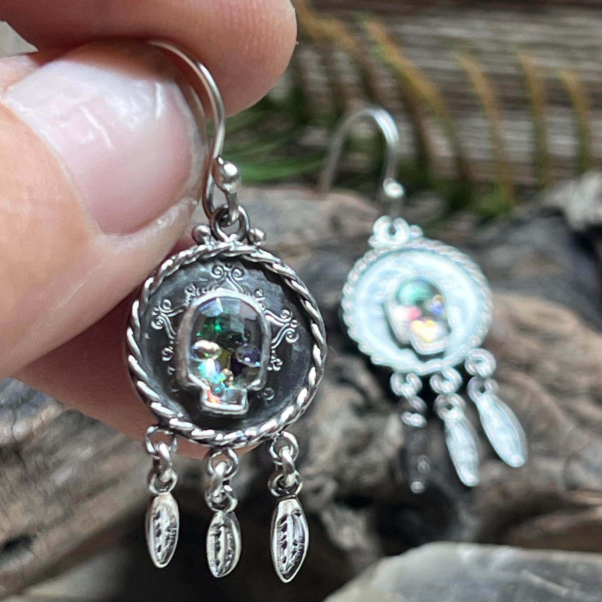 Dream Catcher Swarovski Crystal Skull Earrings Sterling Silver