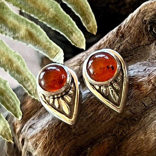 Amber Stud Earrings in Sterling Silver 925 Genuine Mexican Amber