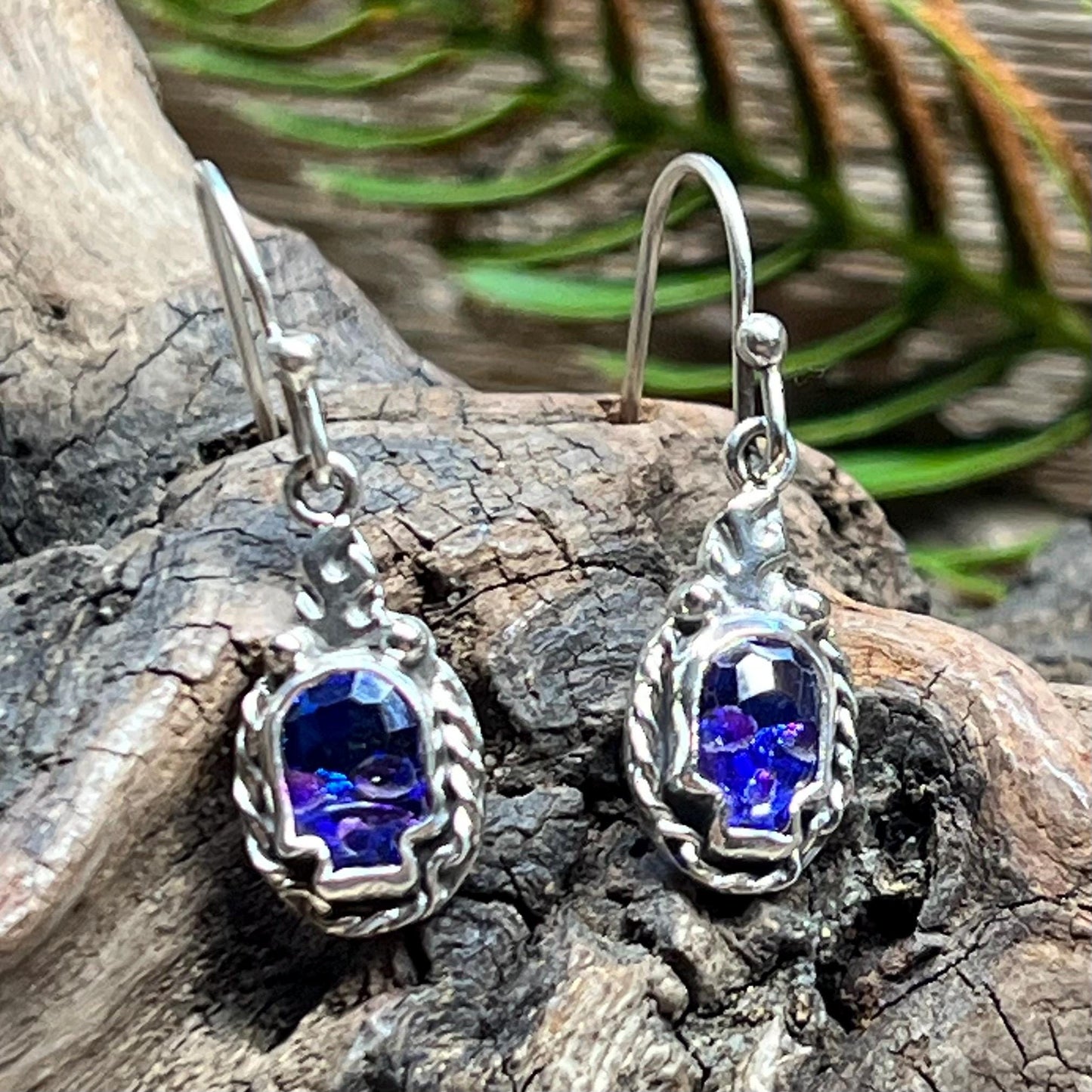 Swarovski Crystal Flaming Purple Skull Dangle Earrings Handmade Sterling Silver Gothic Jewelry