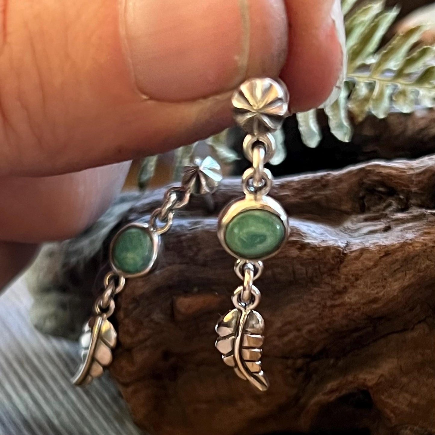 Turquoise Feather Earrings Handmade Sterling Silver 925 Dangle Boho Southwest Earrings Jewelry