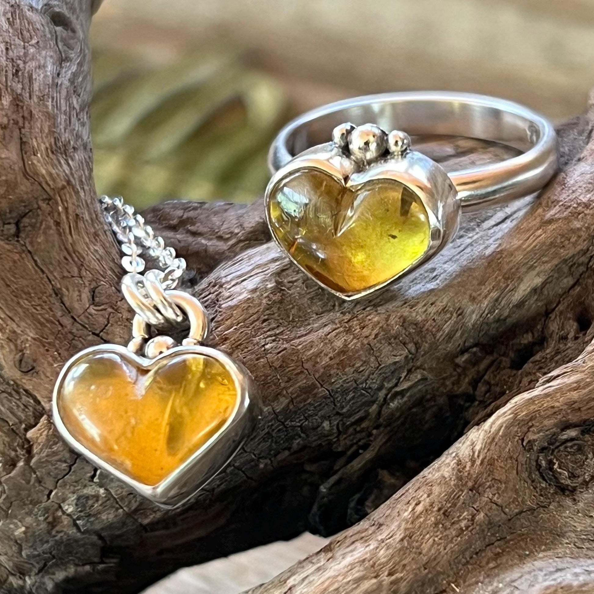 Amber Heart Pendant Necklace Sterling Silver 925 Handmade Pendant Chiapas Mexico