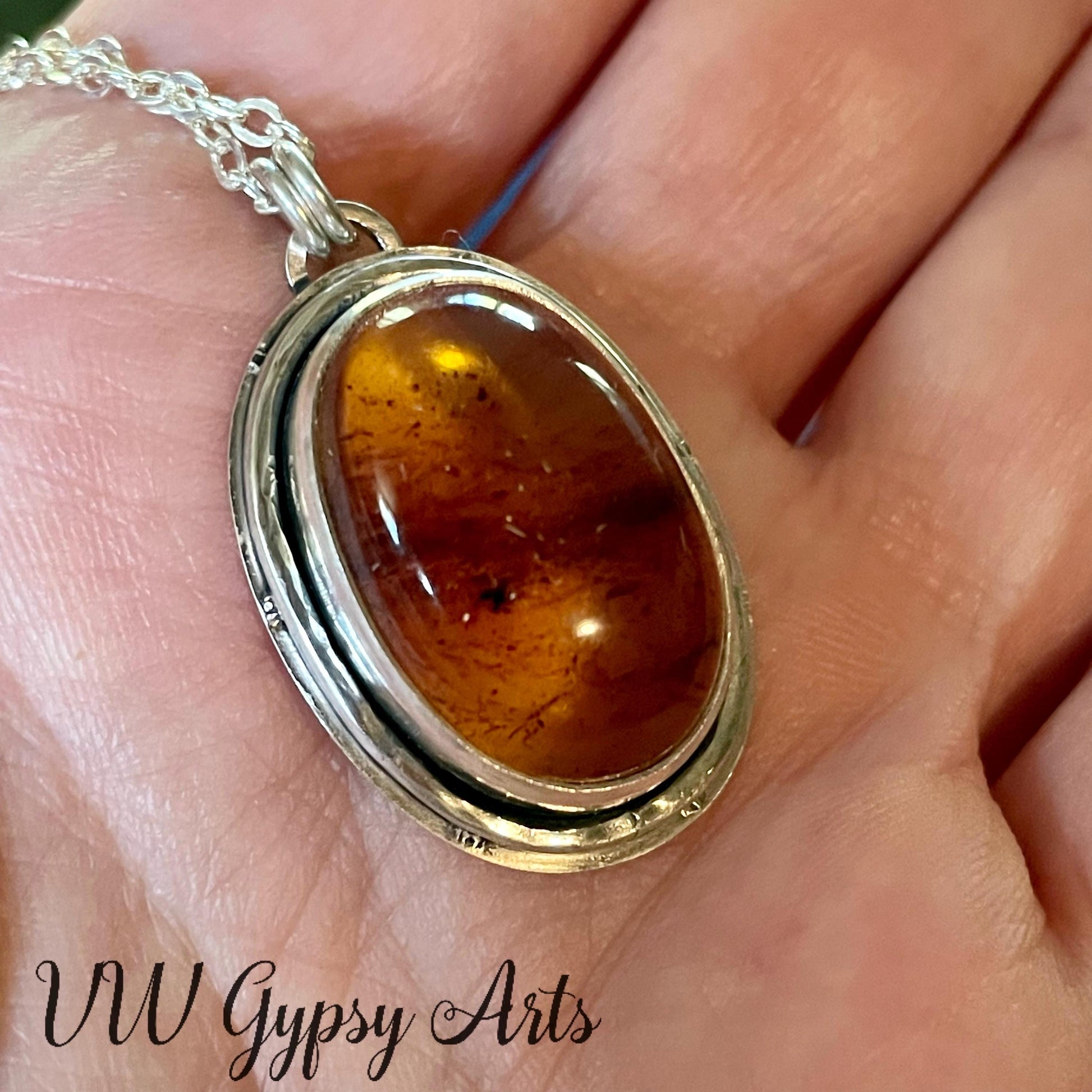 Golden Amber Sterling Silver Oval Pendant Handmade Chiapas Mexico Amber 925 Silver Necklace