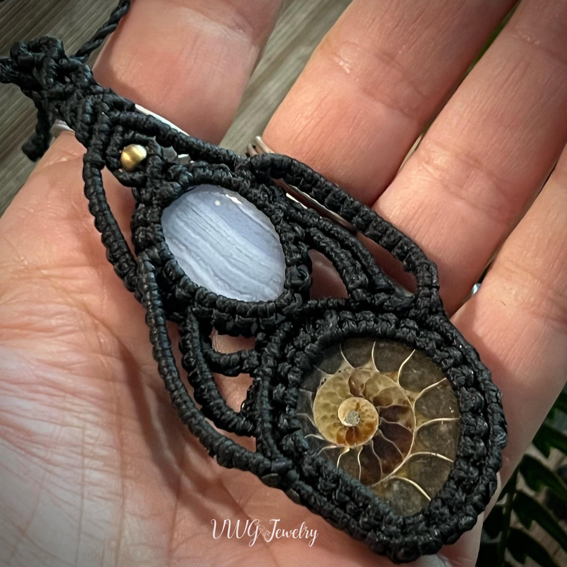 Ammonite Agate Macrame Necklace, Handmade Black Adjustable Fossil Pendant