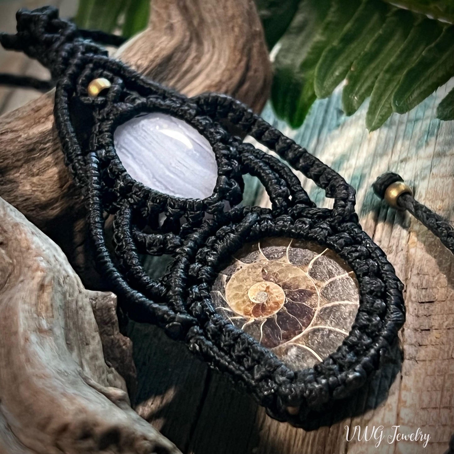 Ammonite Agate Macrame Necklace, Handmade Black Adjustable Fossil Pendant