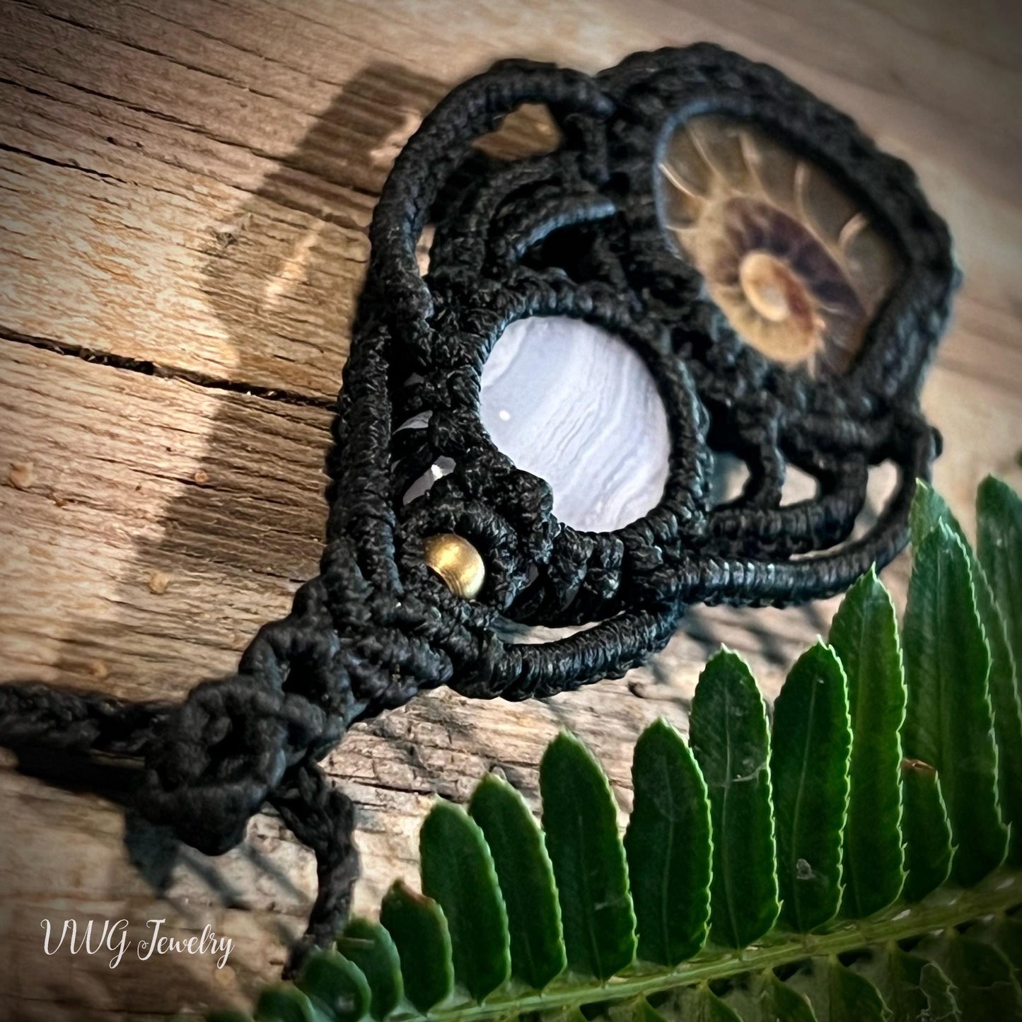 Ammonite Agate Macrame Necklace, Handmade Black Adjustable Fossil Pendant