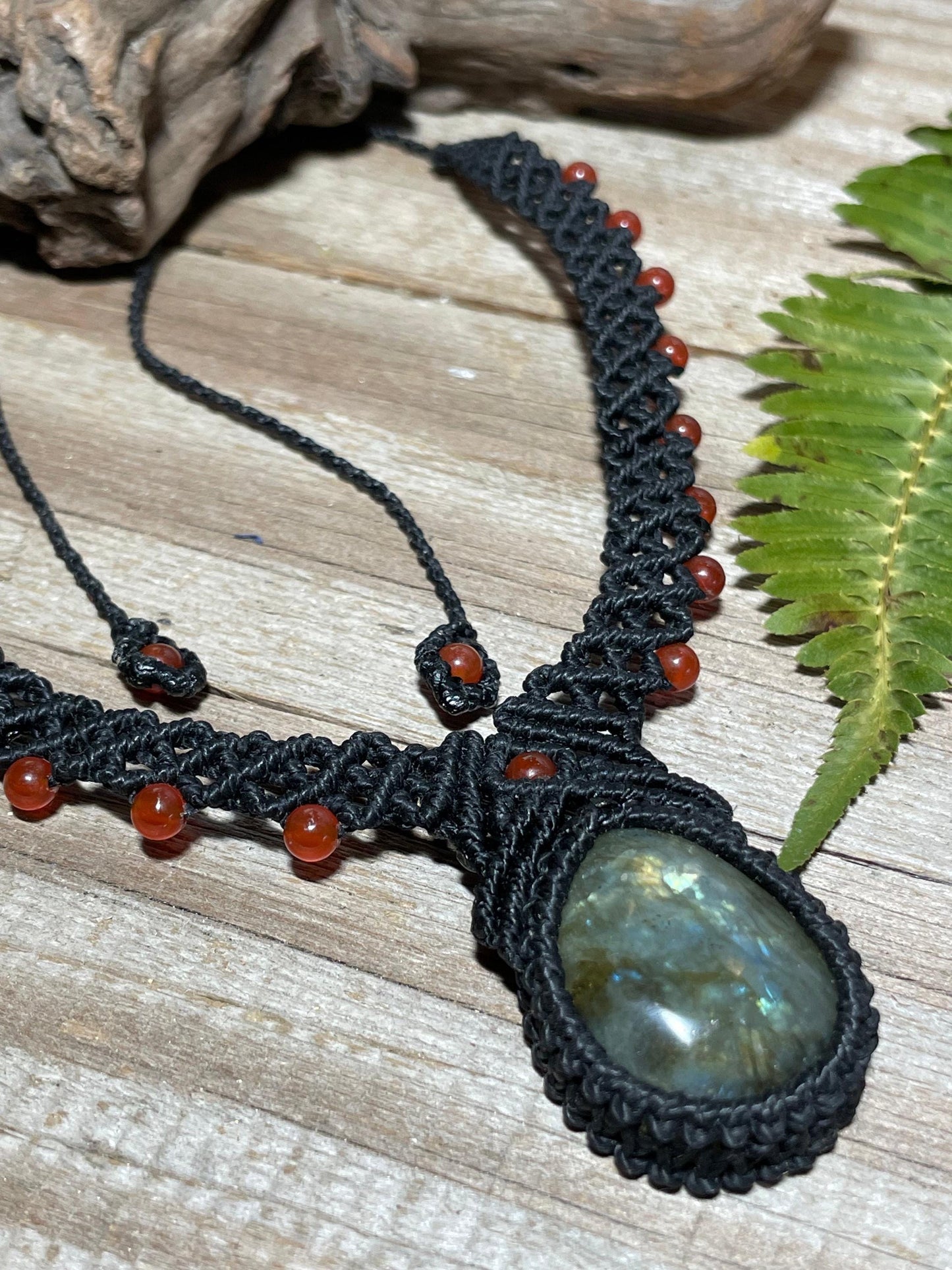 Labradorite & Carnelian Black Macrame Necklace Handmade Adjustable Boho Crystal