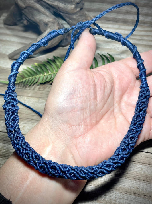 Macrame Collar Necklace – Blue Handmade Woven Tube Adjustable Boho Statement Collar