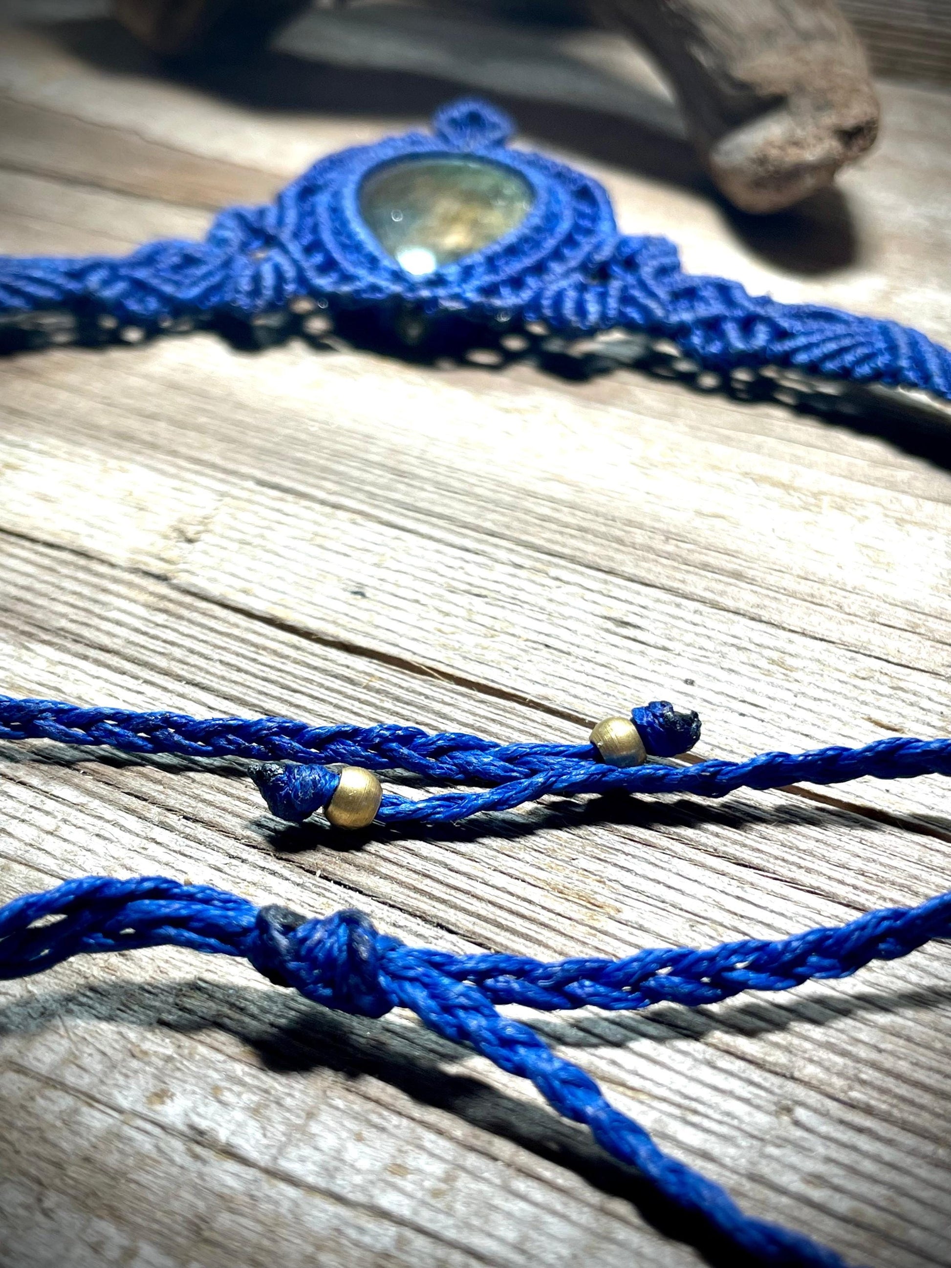 Labradorite in Blue Macrame Necklace Adjustable Flashy Crystal Necklace