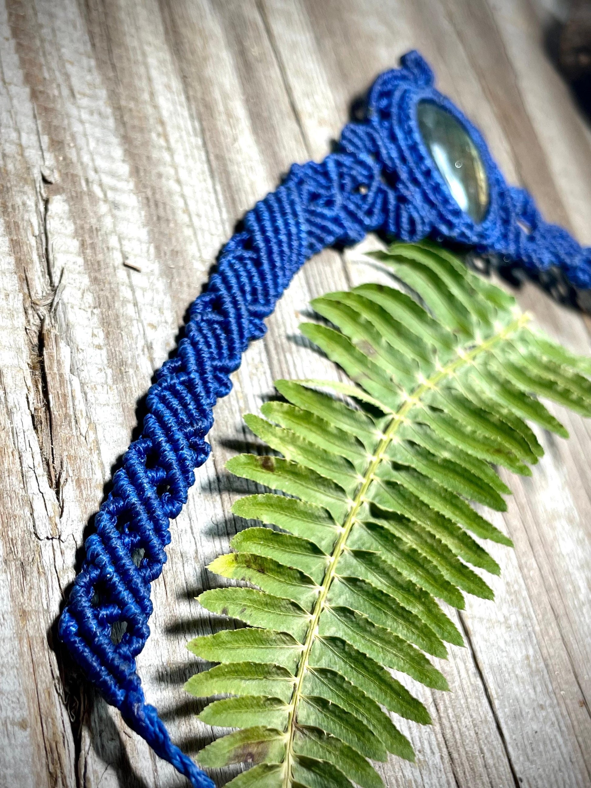 Labradorite in Blue Macrame Necklace Adjustable Flashy Crystal Necklace