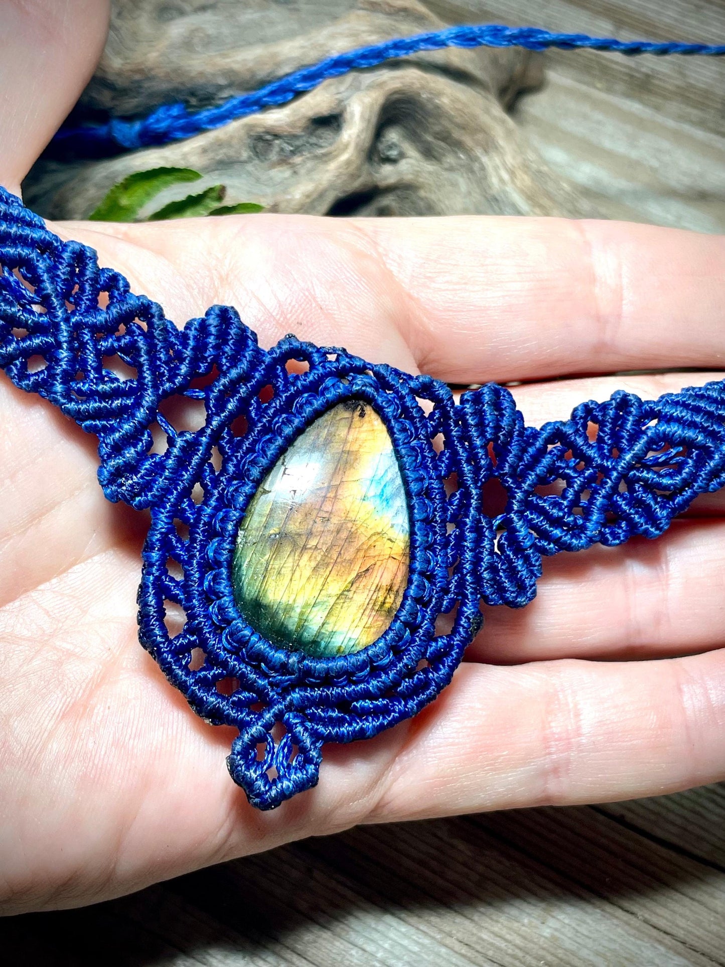 Labradorite in Blue Macrame Necklace Adjustable Flashy Crystal Necklace