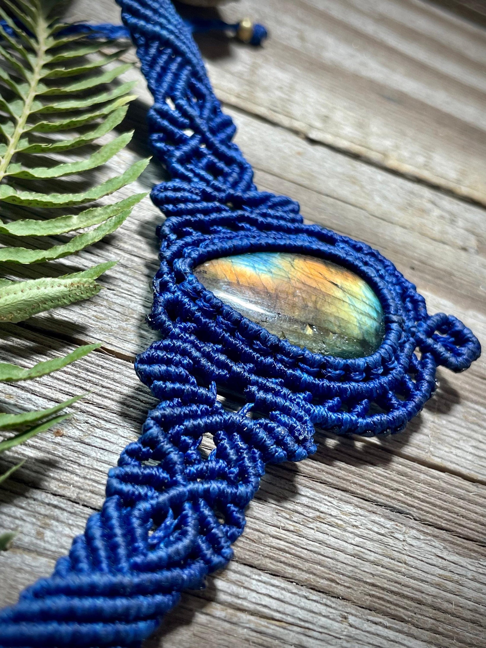 Labradorite in Blue Macrame Necklace Adjustable Flashy Crystal Necklace