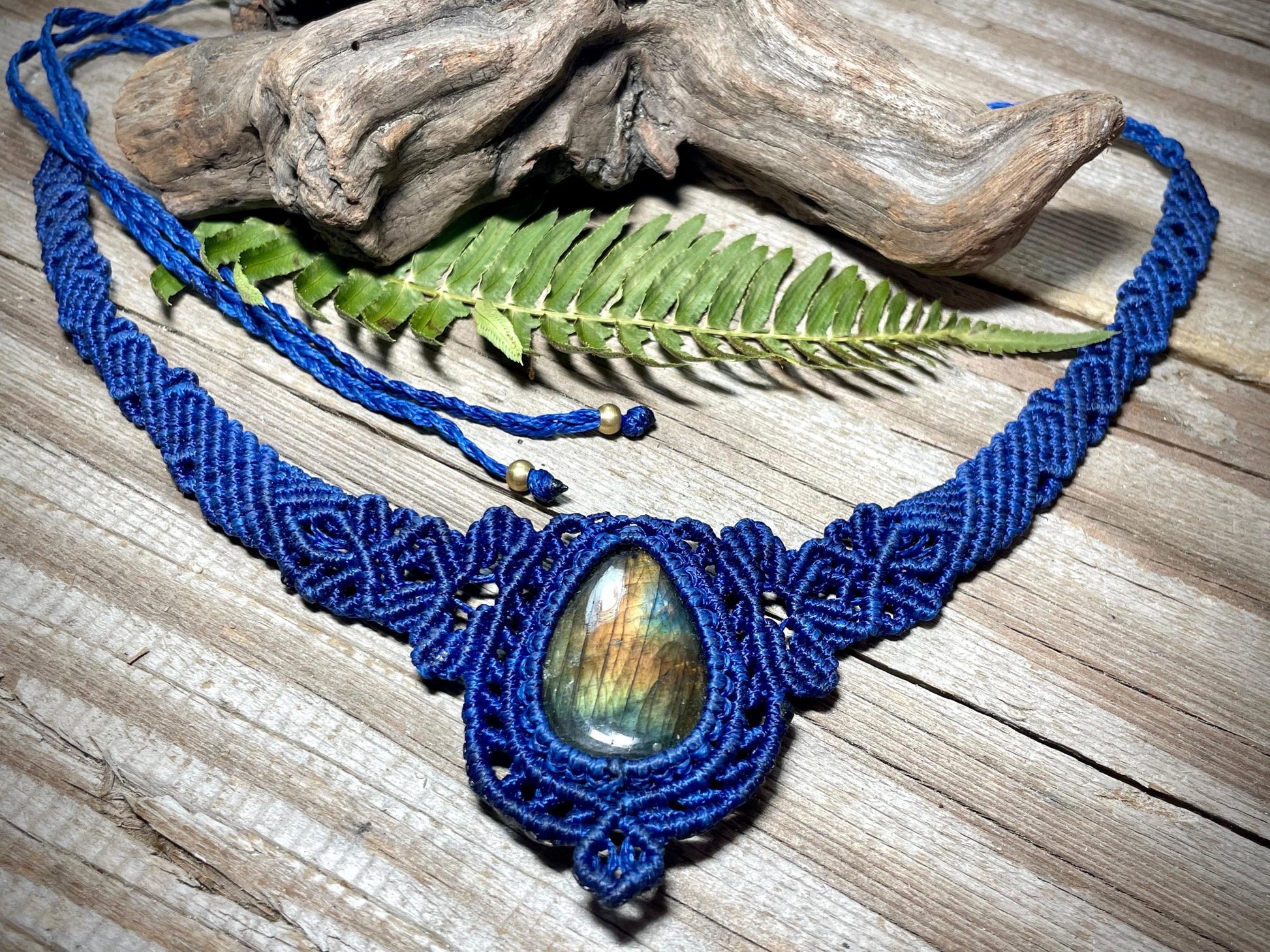 Labradorite in Blue Macrame Necklace Adjustable Flashy Crystal Necklace