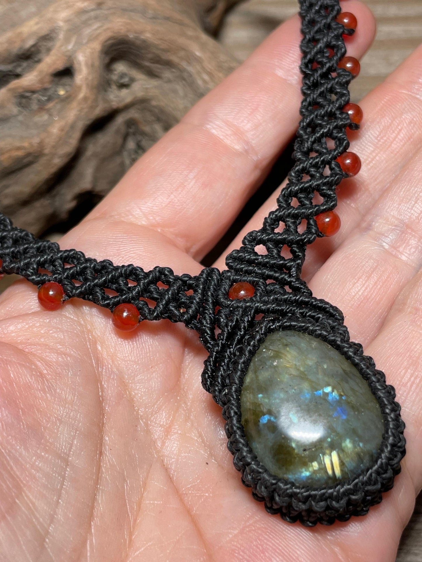 Labradorite & Carnelian Black Macrame Necklace Handmade Adjustable Boho Crystal