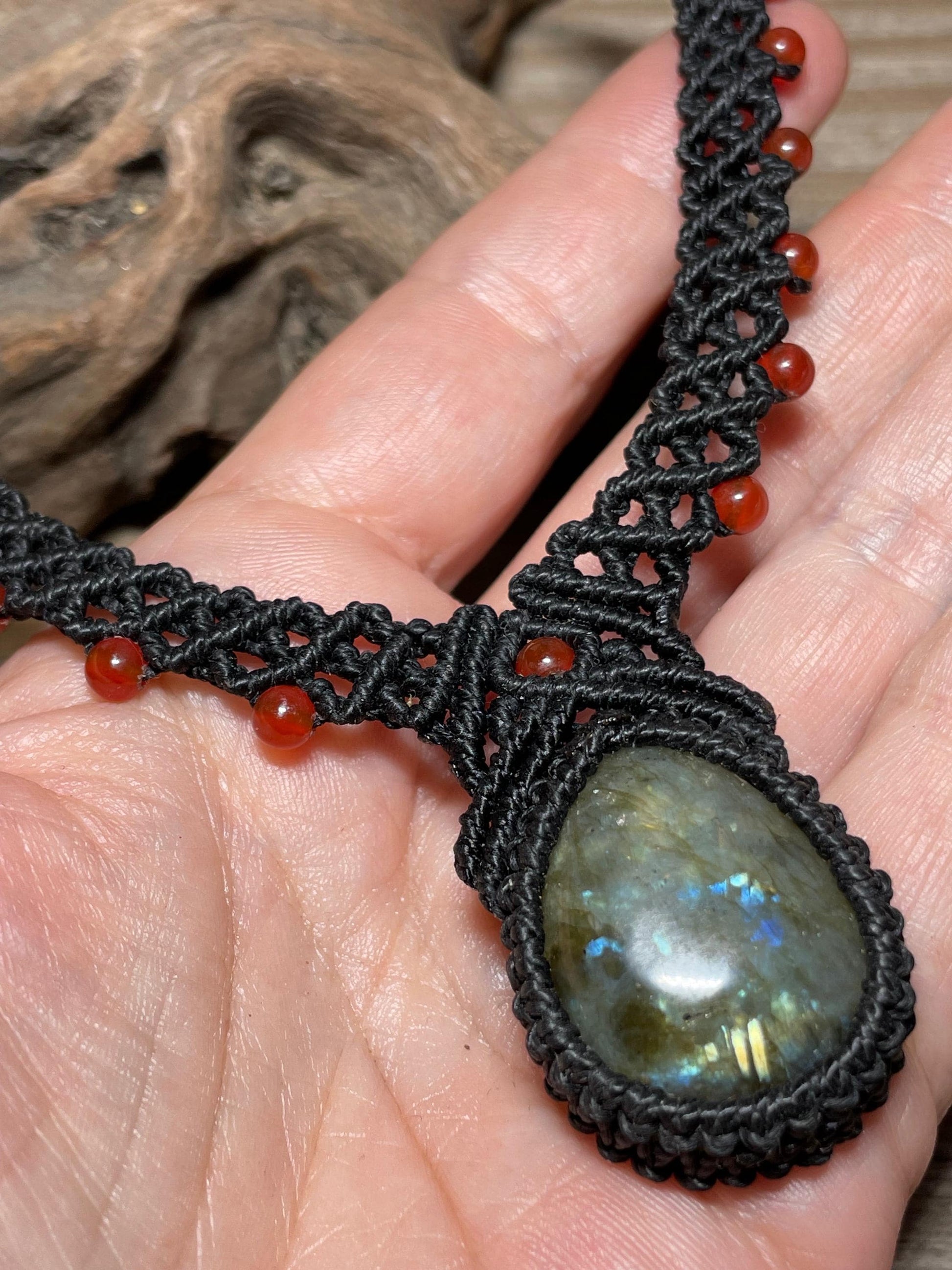 Labradorite & Carnelian Black Macrame Necklace Handmade Adjustable Boho Crystal