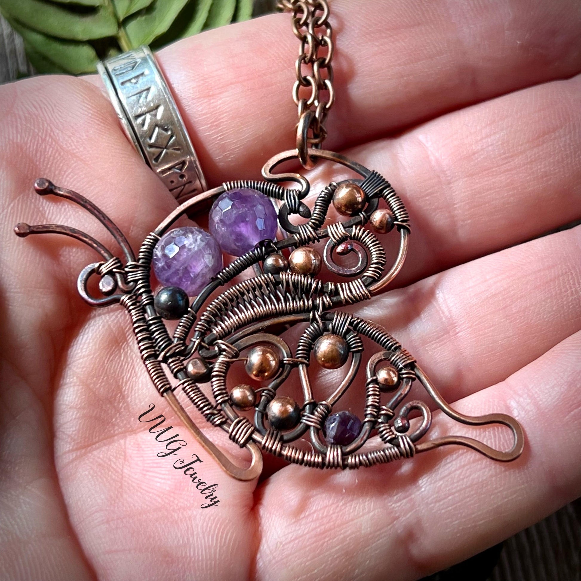Amethyst Butterfly Wire Wrapped Copper Pendant Purple Crystal February Birthstone Necklace