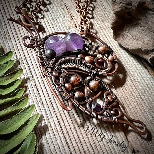 Amethyst Butterfly Wire Wrapped Copper Pendant Purple Crystal February Birthstone Necklace