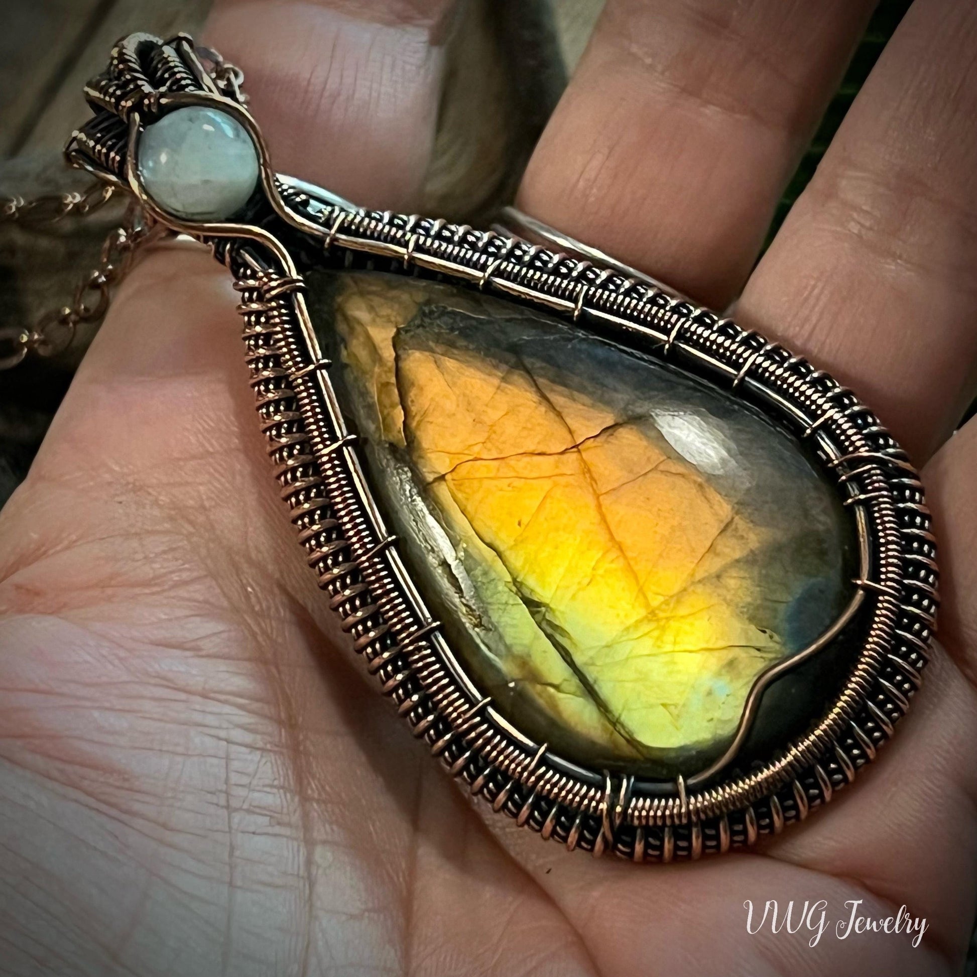 Large Labradorite & Moonstone Copper Wire Wrapped Pendant