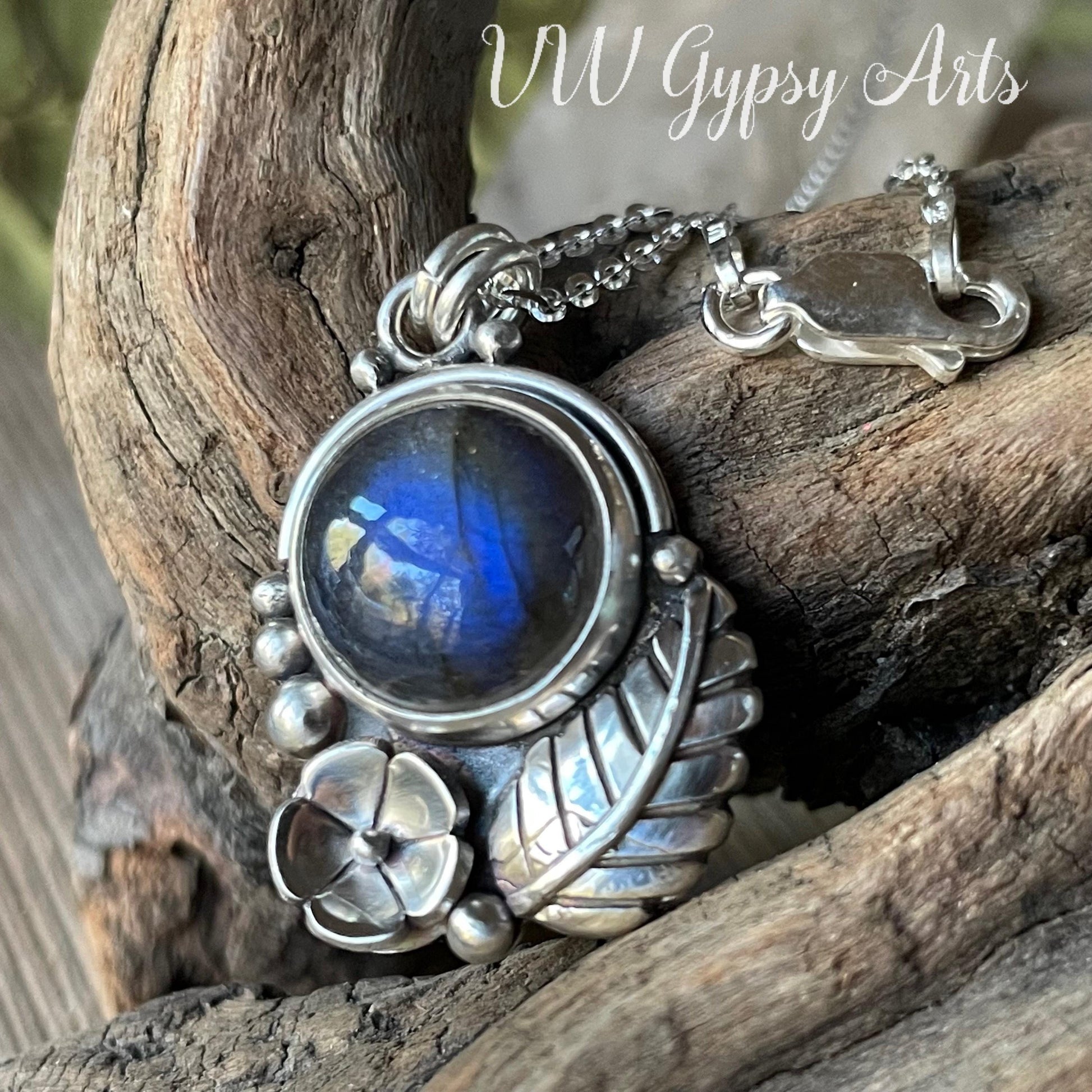 Labradorite Sterling Silver Mini Floral Necklace Handmade 925 Bontanical Gemstone Pendant