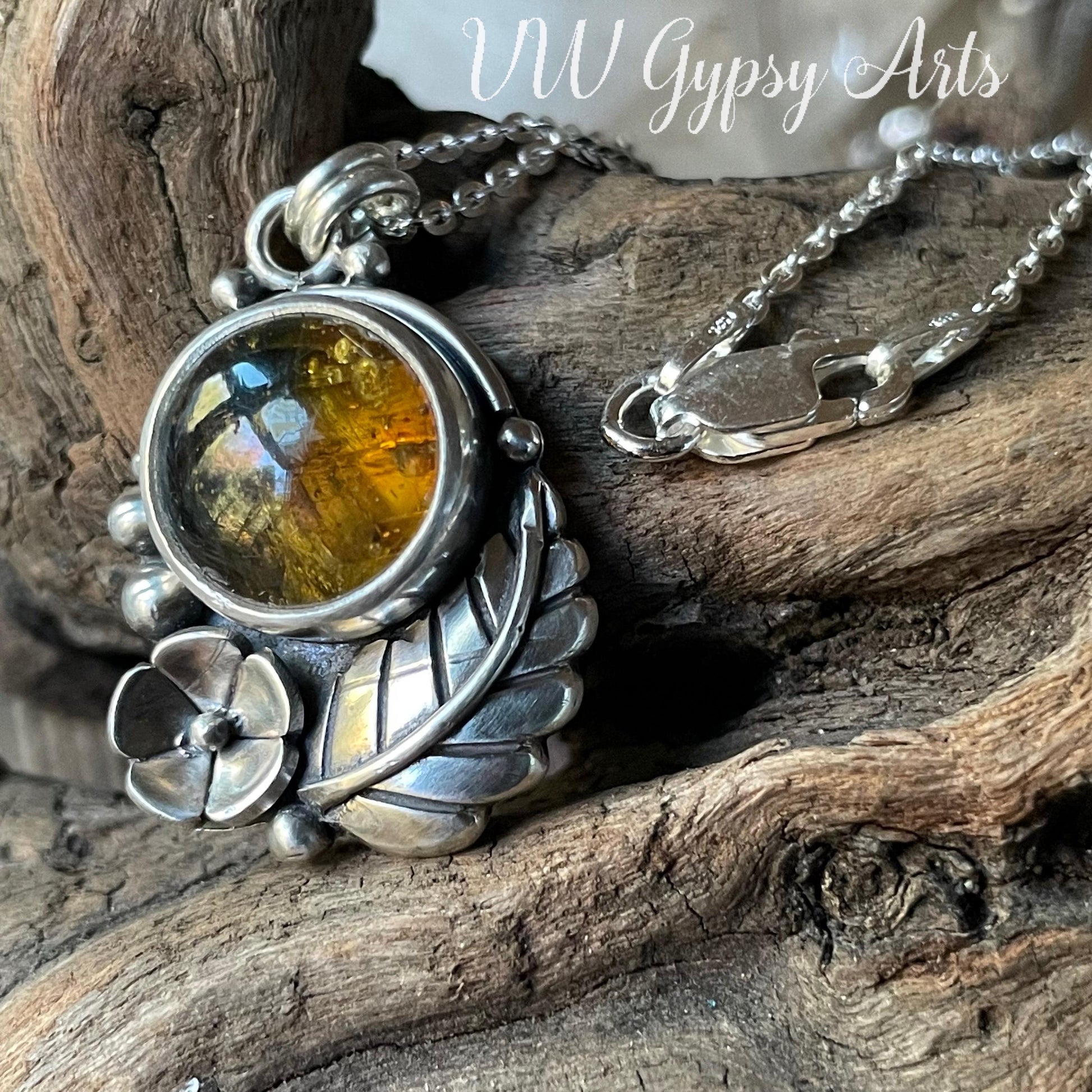 Amber Sterling Silver Mini Floral Necklace Handmade 925 Botanical Gemstone Pendant