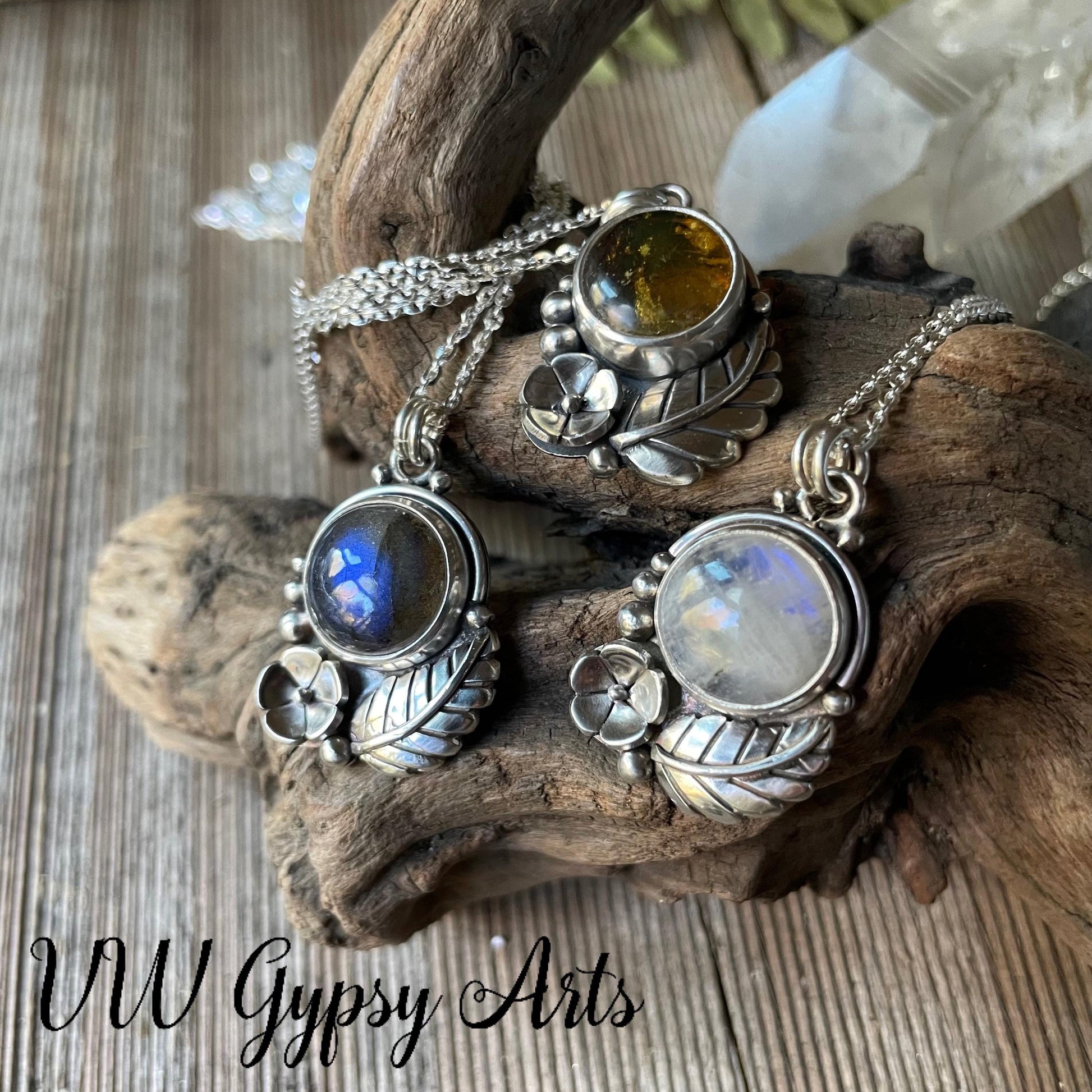 Amber Sterling Silver Mini Floral Necklace Handmade 925 Botanical Gemstone Pendant