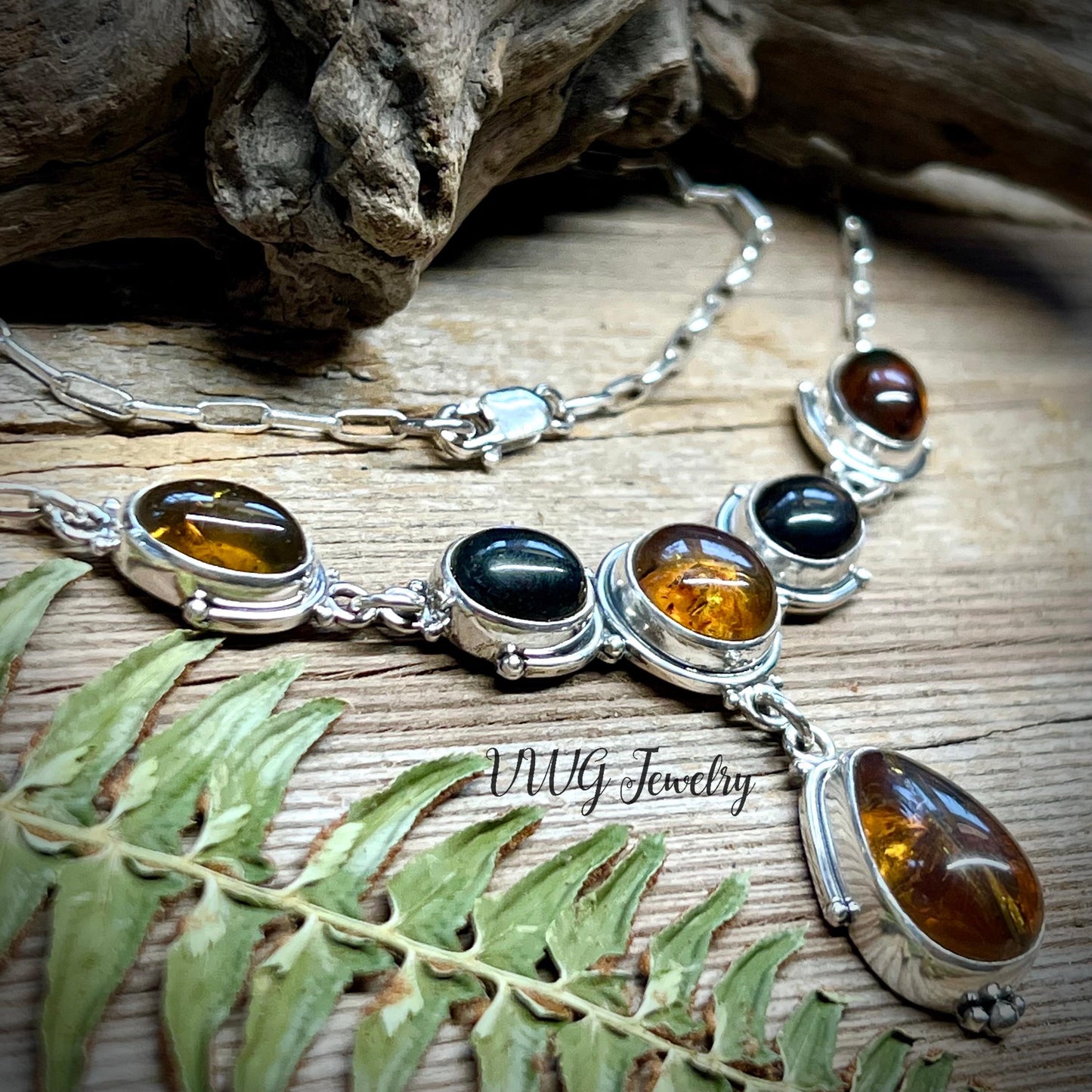 Amber Array Natural Chiapas Sterling Silver Necklace Handmade 925 Mexican Amber Statement Necklace