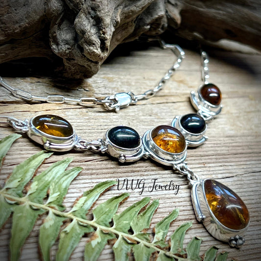 Amber Array Natural Chiapas Sterling Silver Necklace Handmade 925 Mexican Amber Statement Necklace