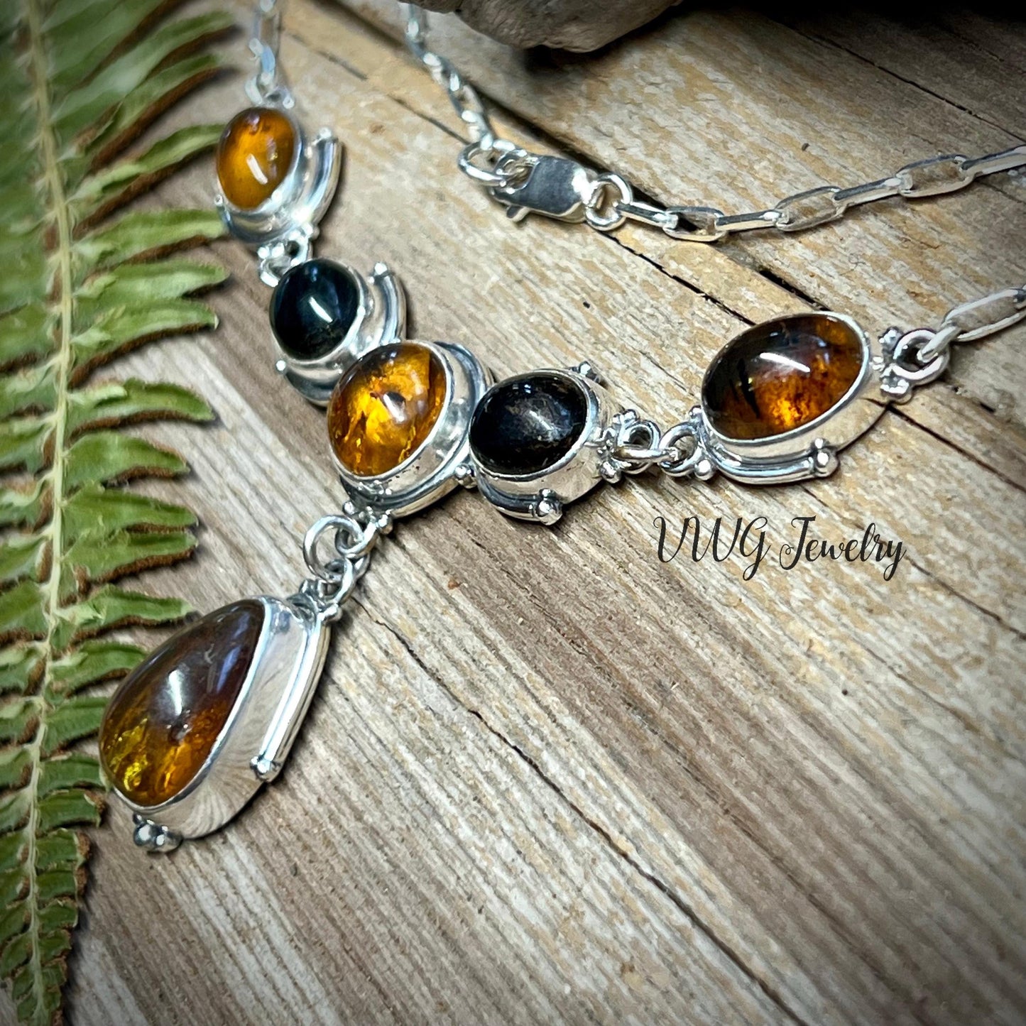 Amber Array Natural Chiapas Sterling Silver Necklace Handmade 925 Mexican Amber Statement Necklace