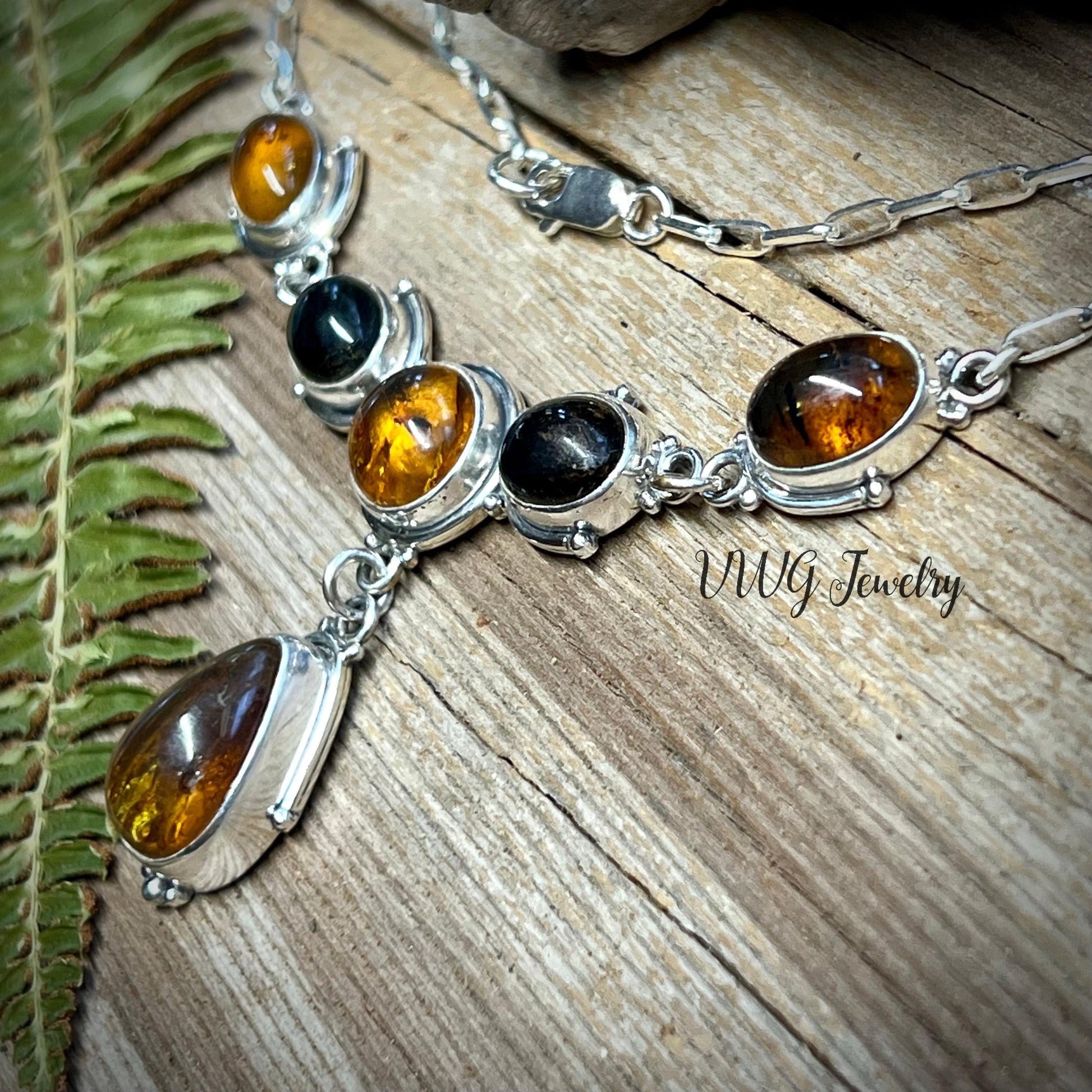 Amber Array Natural Chiapas Sterling Silver Necklace Handmade 925 Mexican Amber Statement Necklace