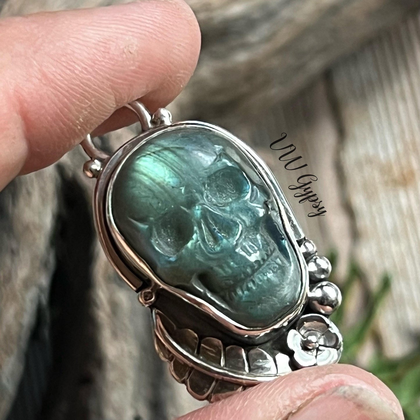 La Catrina Sugar Skull Labradorite Sterling Silver Necklace Handmade Día de los Muertos 925 Pendant
