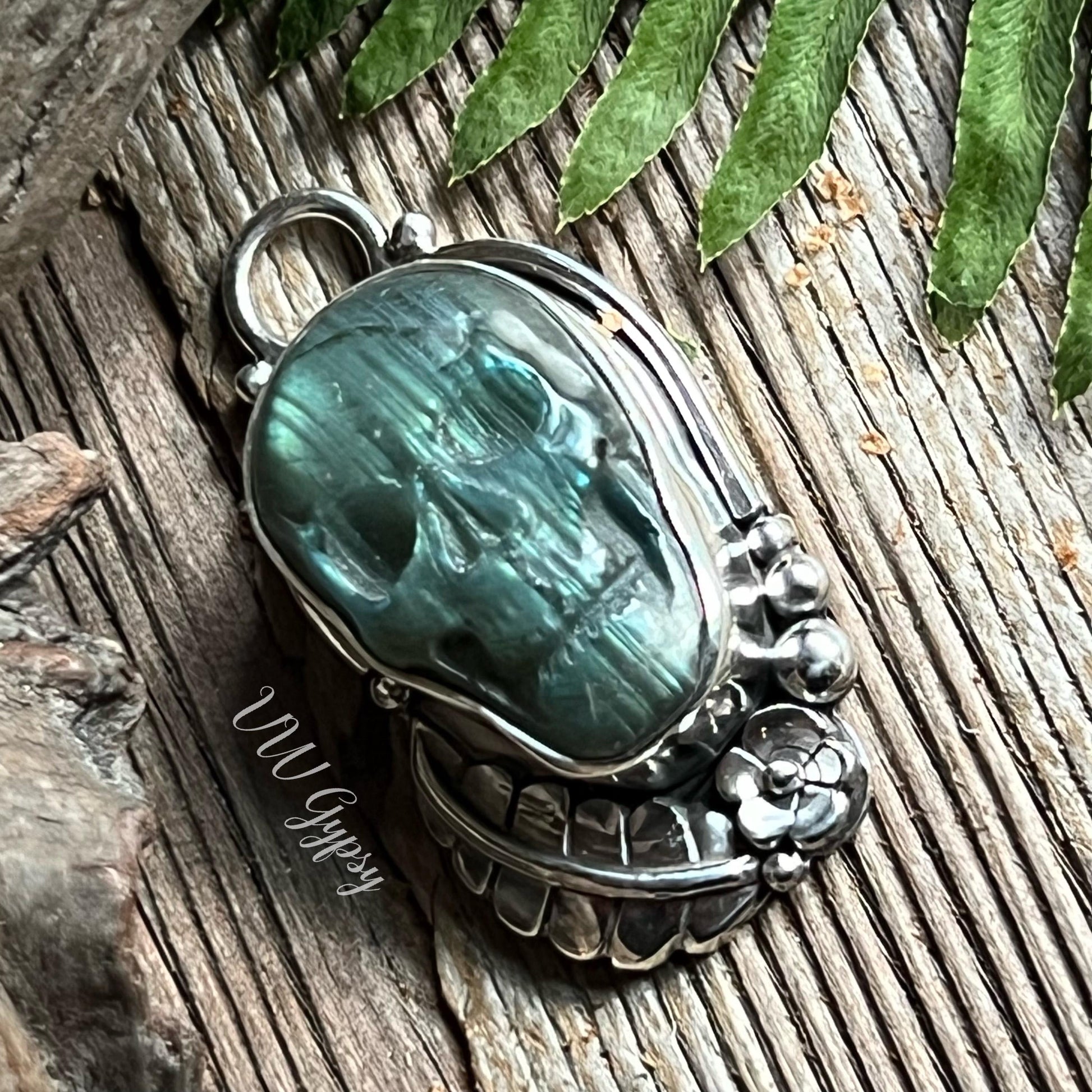 La Catrina Sugar Skull Labradorite Sterling Silver Necklace Handmade Día de los Muertos 925 Pendant