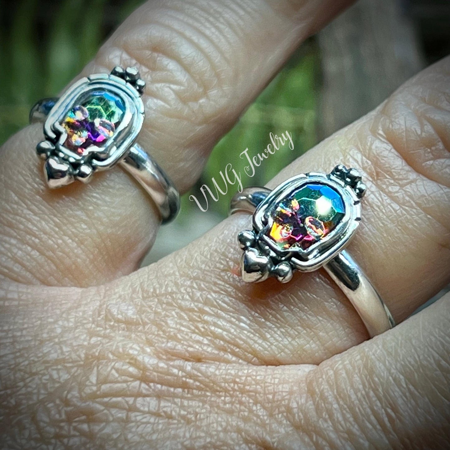 Swarovski Skull Crystal Ring Rainbow Aurora Size 5.5 Handmade Sterling Silver 925 Gothic Skull Ring