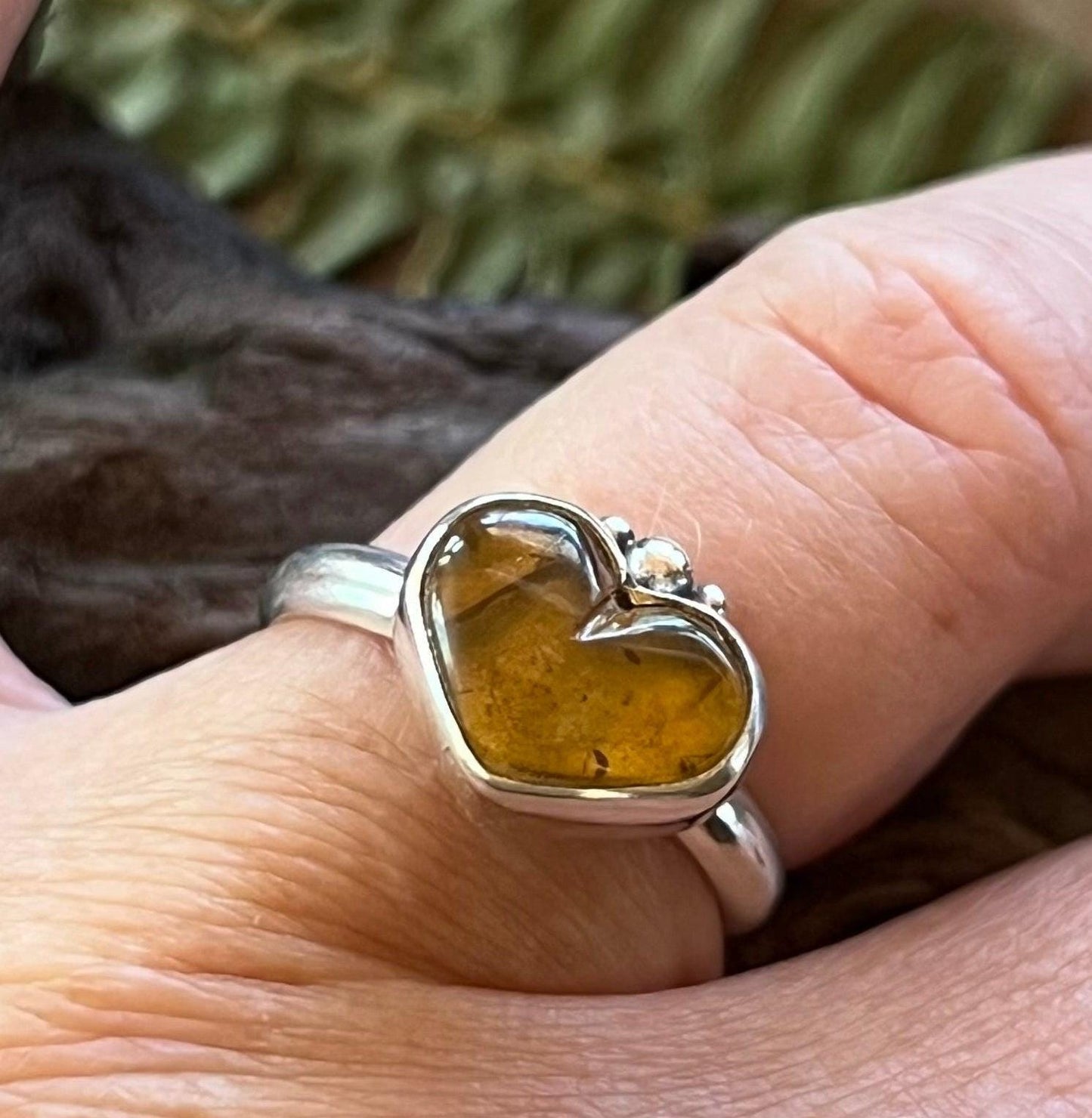 Heart Gemstone Ring Sterling Silver 925 Handmade Amber Jade or Rhodochrosite Romantic Jewelry