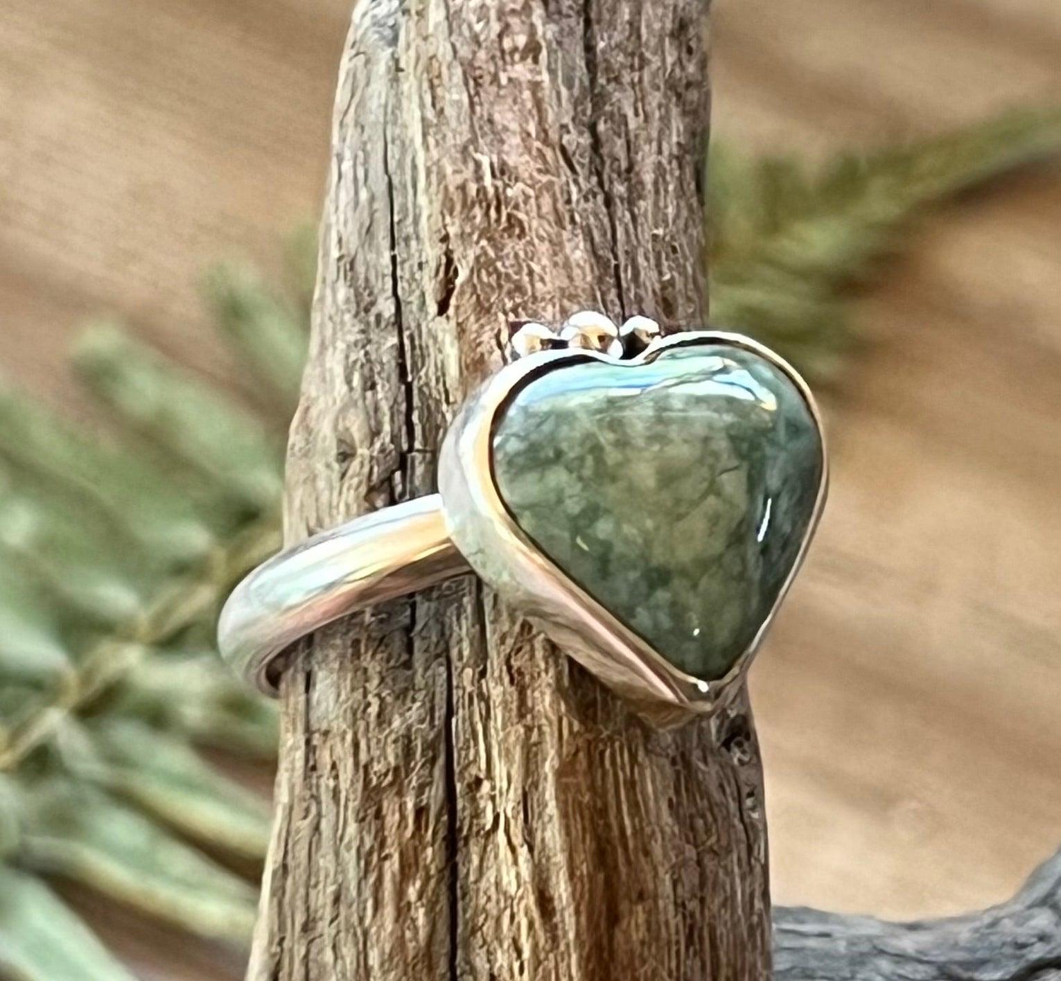 Heart Gemstone Ring Sterling Silver 925 Handmade Amber Jade or Rhodochrosite Romantic Jewelry