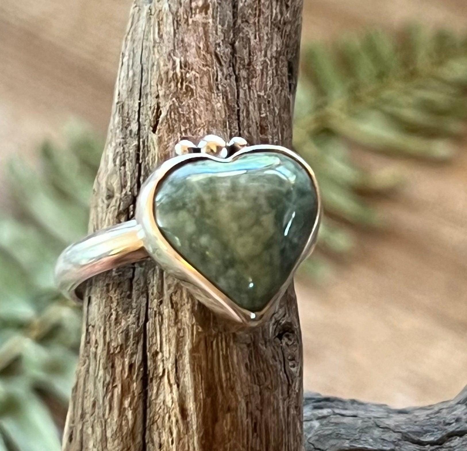 Heart Gemstone Ring Sterling Silver 925 Handmade Amber Jade or Rhodochrosite Romantic Jewelry