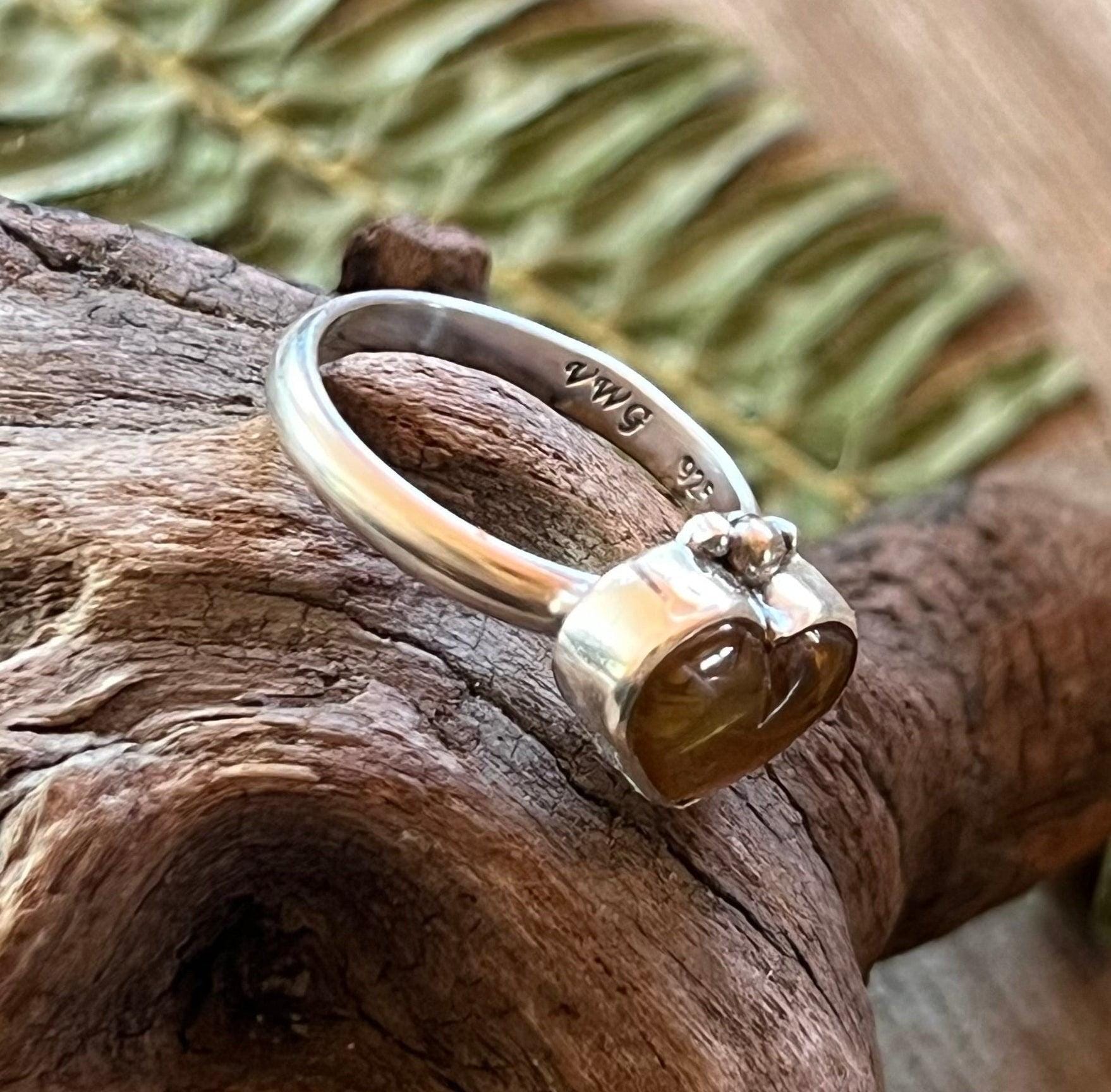 Heart Gemstone Ring Sterling Silver 925 Handmade Amber Jade or Rhodochrosite Romantic Jewelry