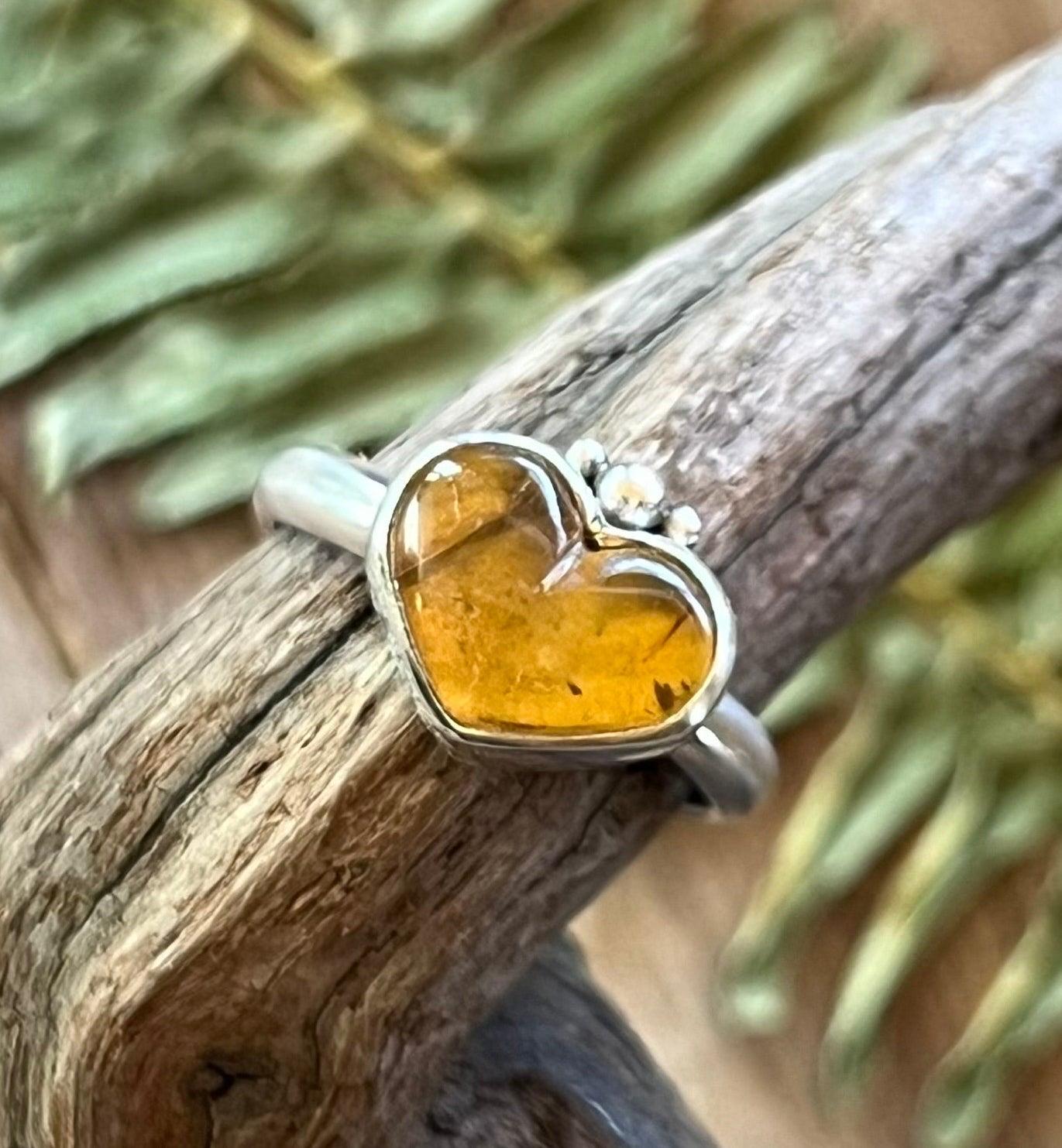 Heart Gemstone Ring Sterling Silver 925 Handmade Amber Jade or Rhodochrosite Romantic Jewelry