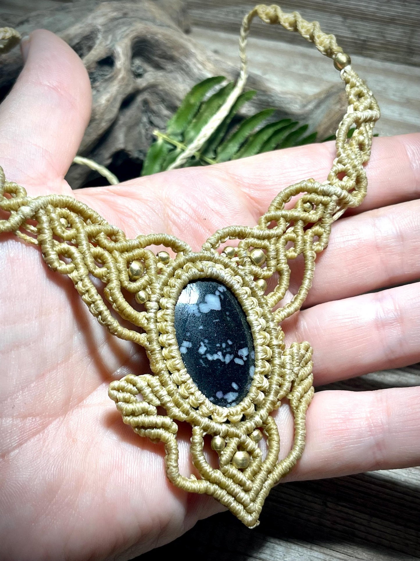 Snowflake Obsidian Macrame Necklace Handmade Adjustable Gemstone
