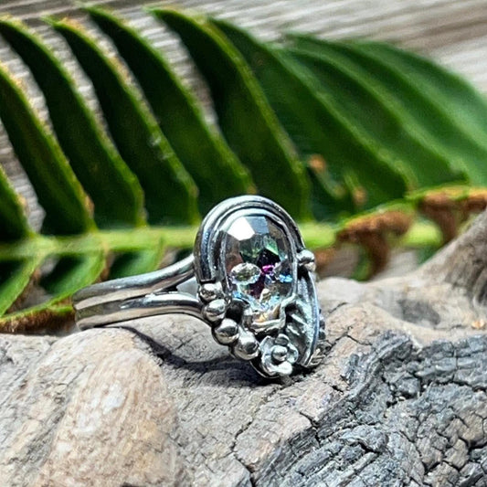 Swarovski Skull Crystal Ring Rainbow Aurora Size 5.5 Handmade Sterling Silver 925 Gothic Skull Ring