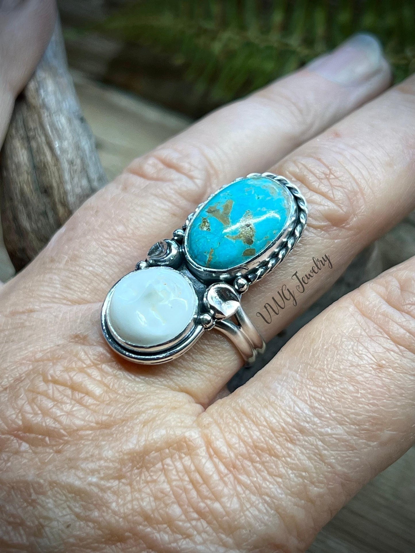 Moon & Kingman Turquoise Sterling Silver Ring Size 8 925 Hand Carved Bone Moon