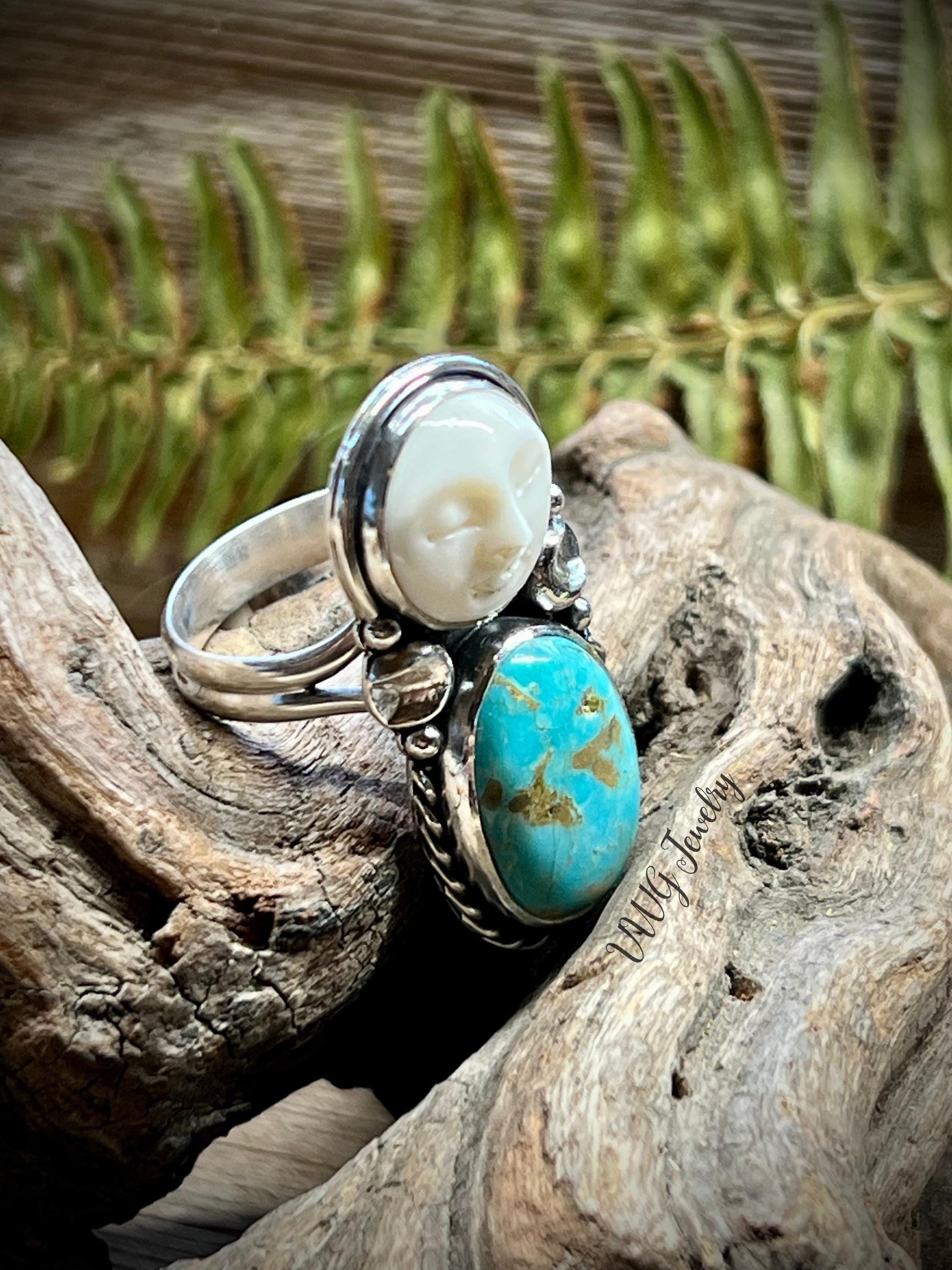 Moon & Kingman Turquoise Sterling Silver Ring Size 8 925 Hand Carved Bone Moon