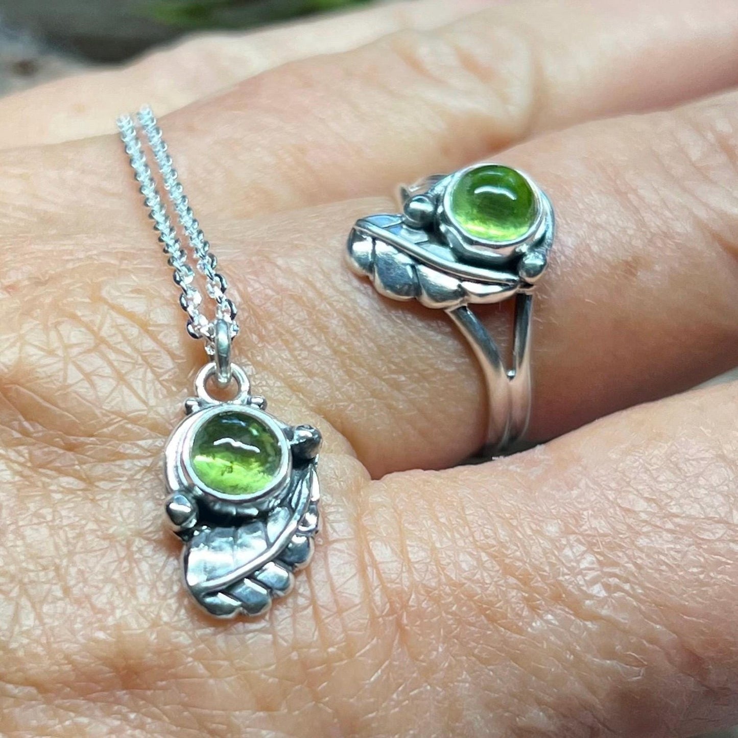 Peridot Leaf Sterling Silver Ring Size 7.5 Handmade 925 Silver Ring Natural Peridot August Birthstone Ring Artisan Nature Jewelry