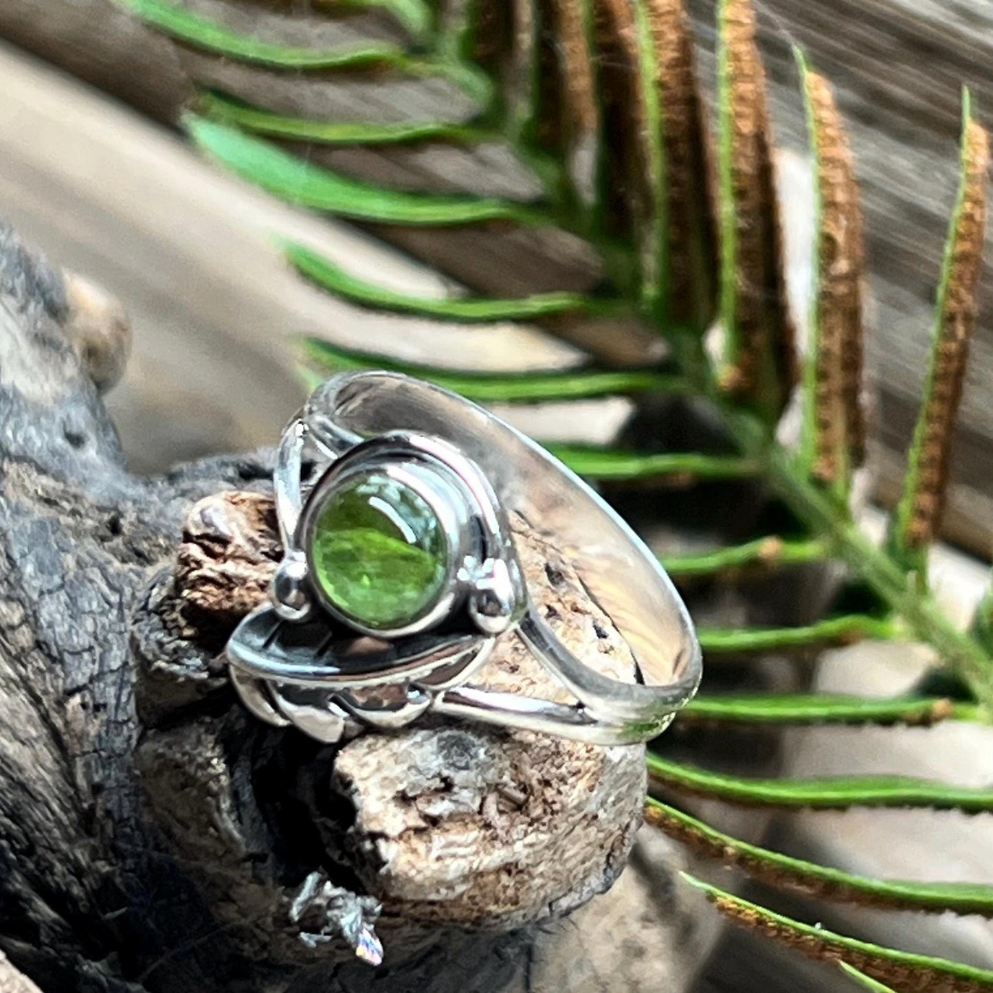 Peridot Leaf Sterling Silver Ring Size 7.5 Handmade 925 Silver Ring Natural Peridot August Birthstone Ring Artisan Nature Jewelry