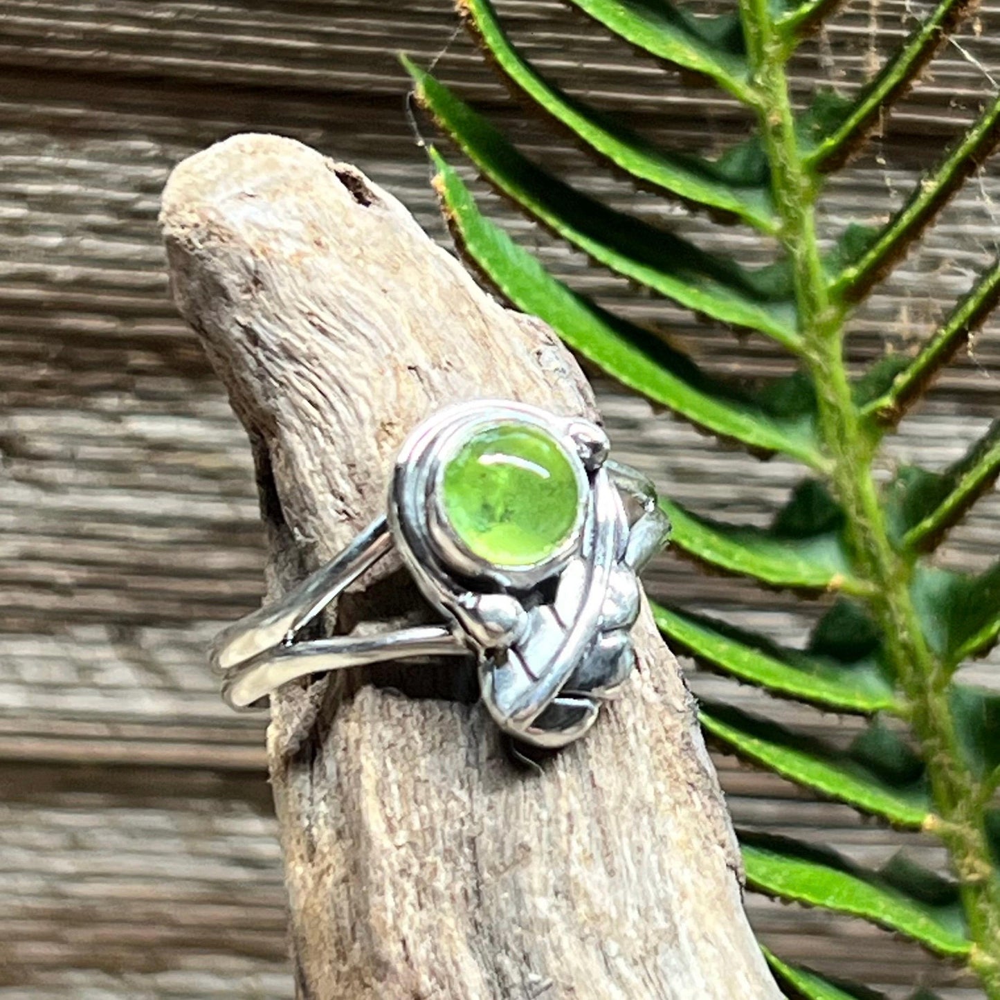 Peridot Leaf Sterling Silver Ring Size 7.5 Handmade 925 Silver Ring Natural Peridot August Birthstone Ring Artisan Nature Jewelry