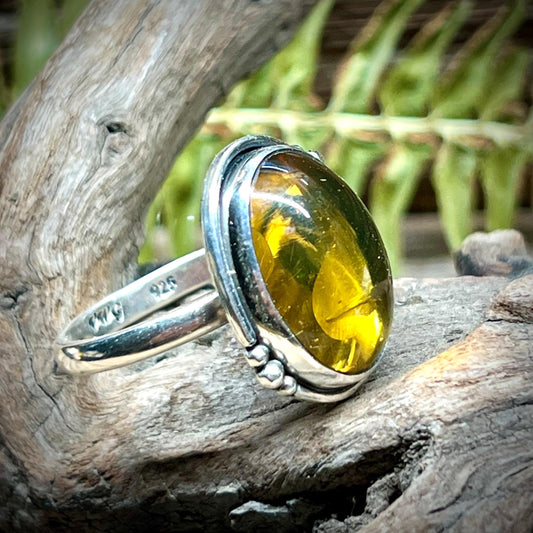 Chiapas Amber Silver Ring .925 Size 10.5