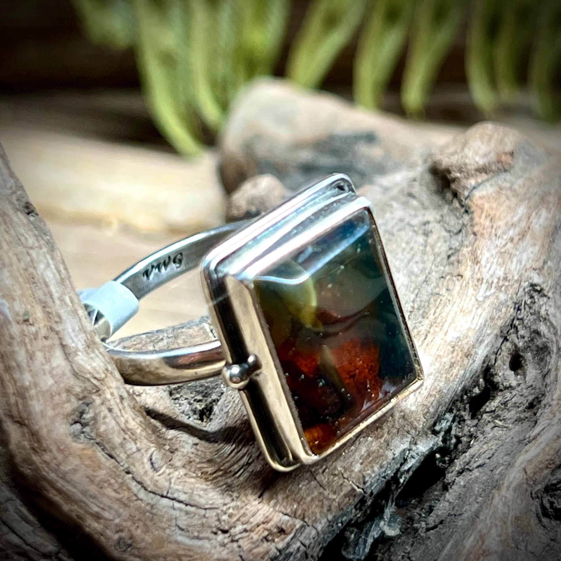 Chiapas Amber Rectangle Silver Ring .925 Size 10.5
