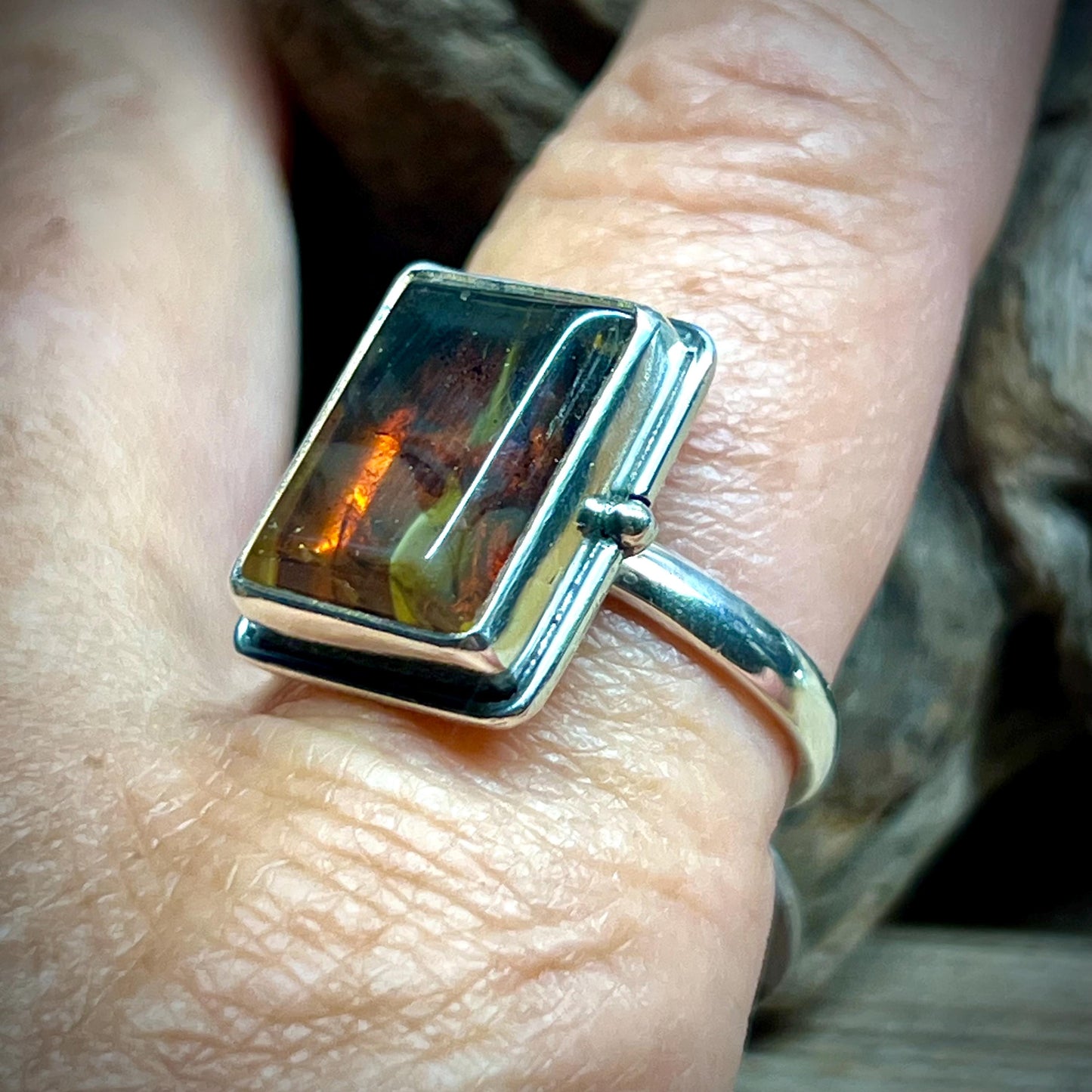 Chiapas Amber Rectangle Silver Ring .925 Size 10.5