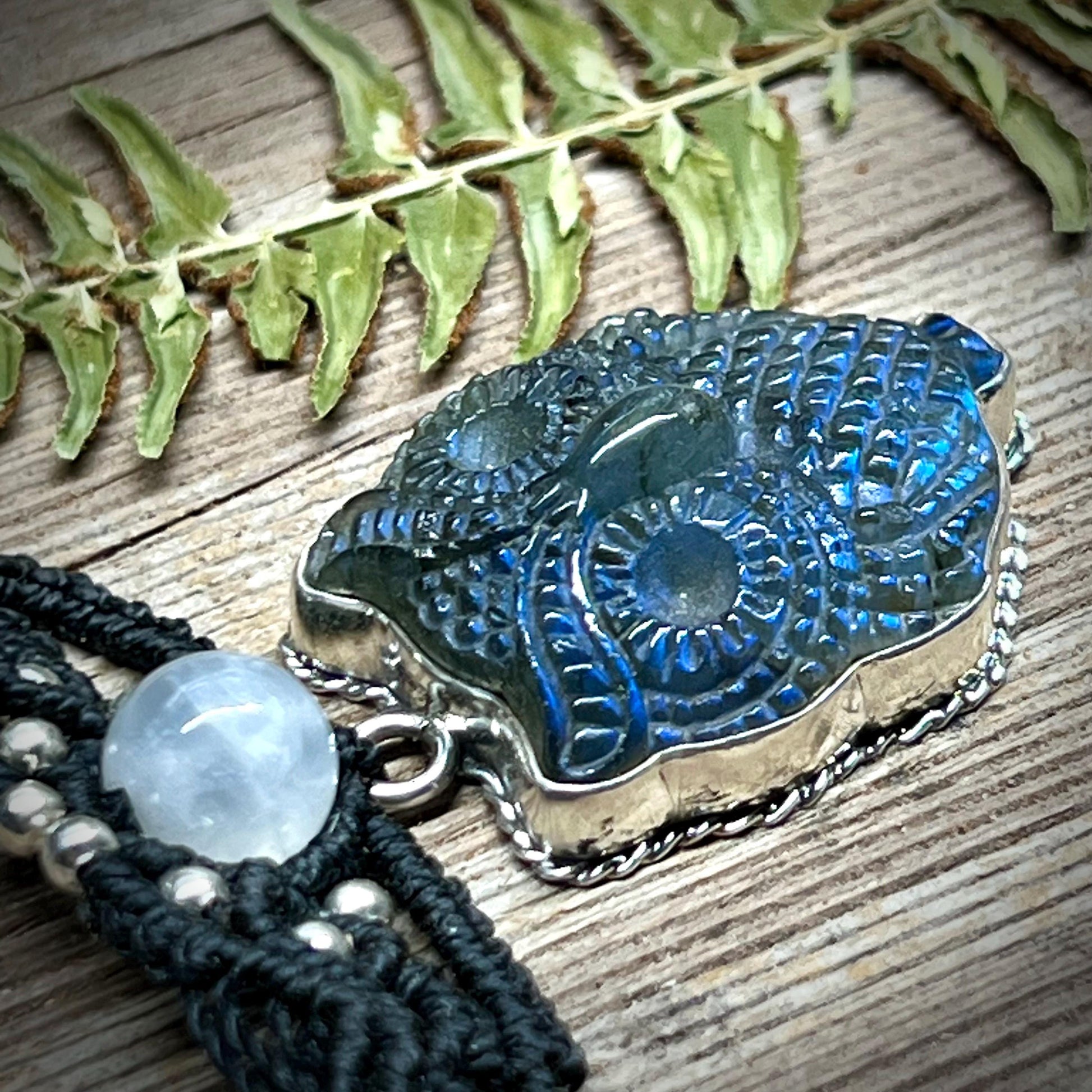 Owl Labradorite Necklace Macrame Necklace set in Sterling Silver Owl Pendant